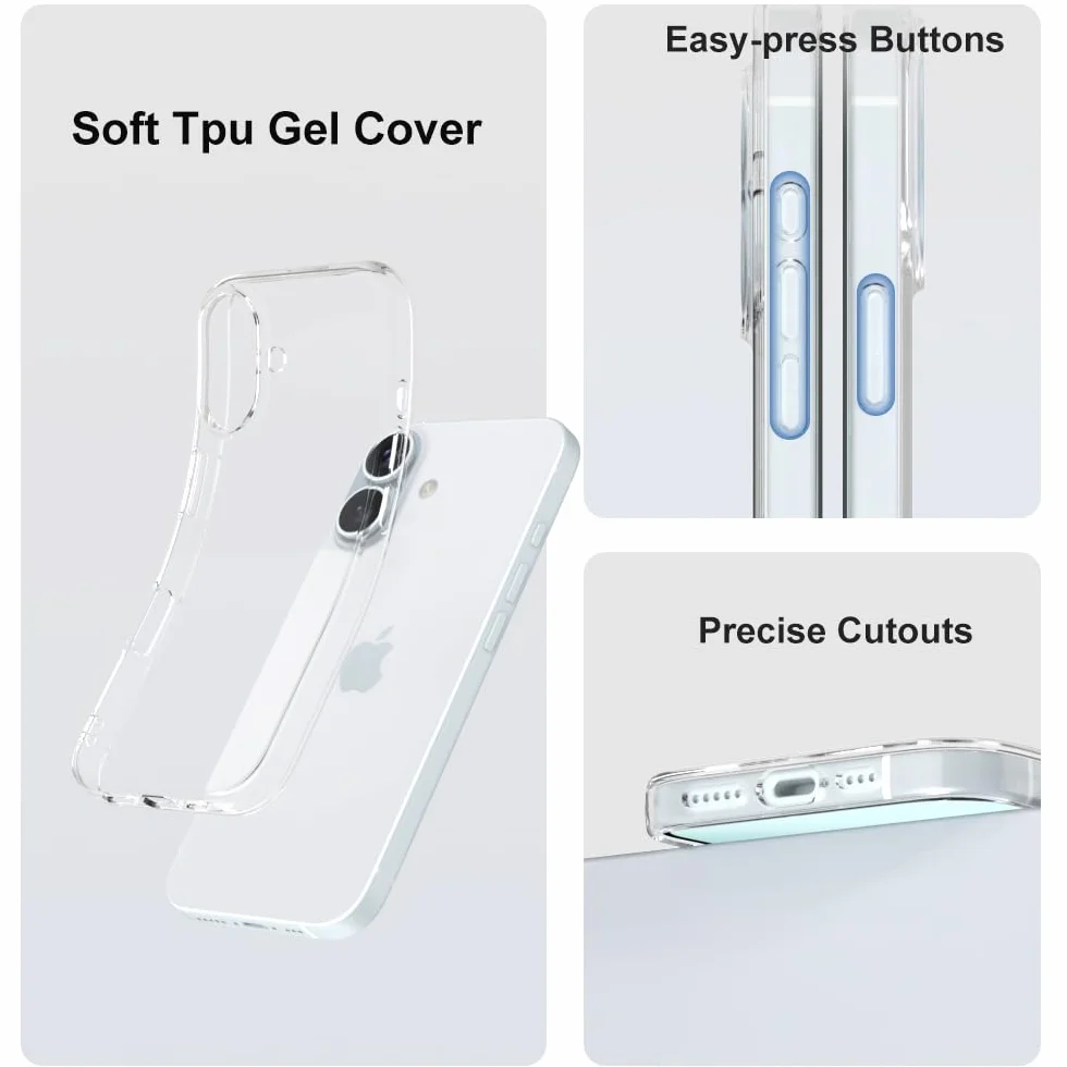 Captor Cover iPhone 16, Custodia Trasparente in Silicone Morbido, Protezione Fotocamera, Anti-Ingiallimento, Flessibile e Resistente per iPhone 16 Cover (Bordi Rialzati)