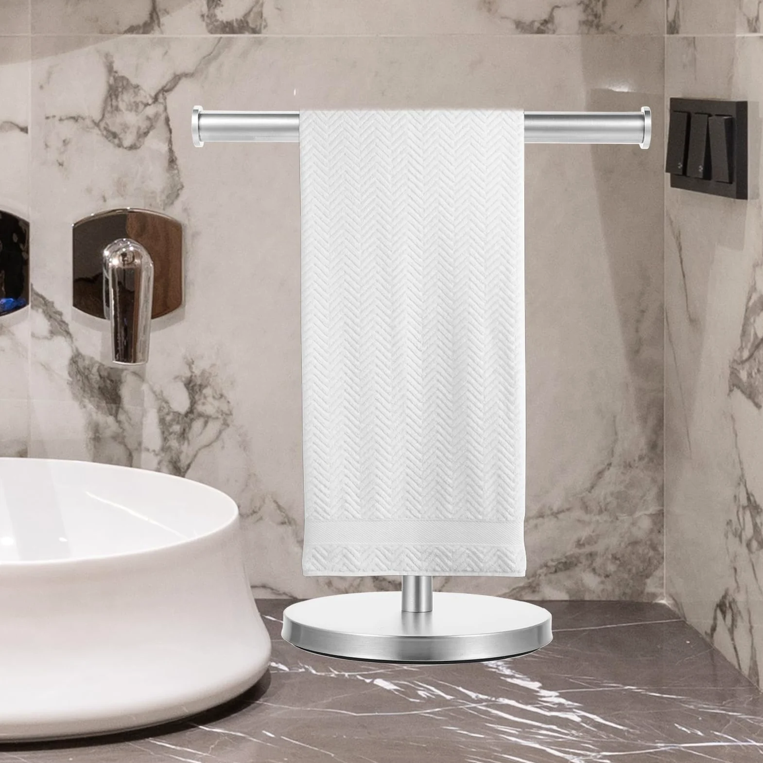 Porta Asciugamani da Banco a T in Acciaio Inox, Mobile | Base Zavorrata Rotonda, Finitura Argento Spazzolato, Supporto da Tavolo per Asciugamano Bagno