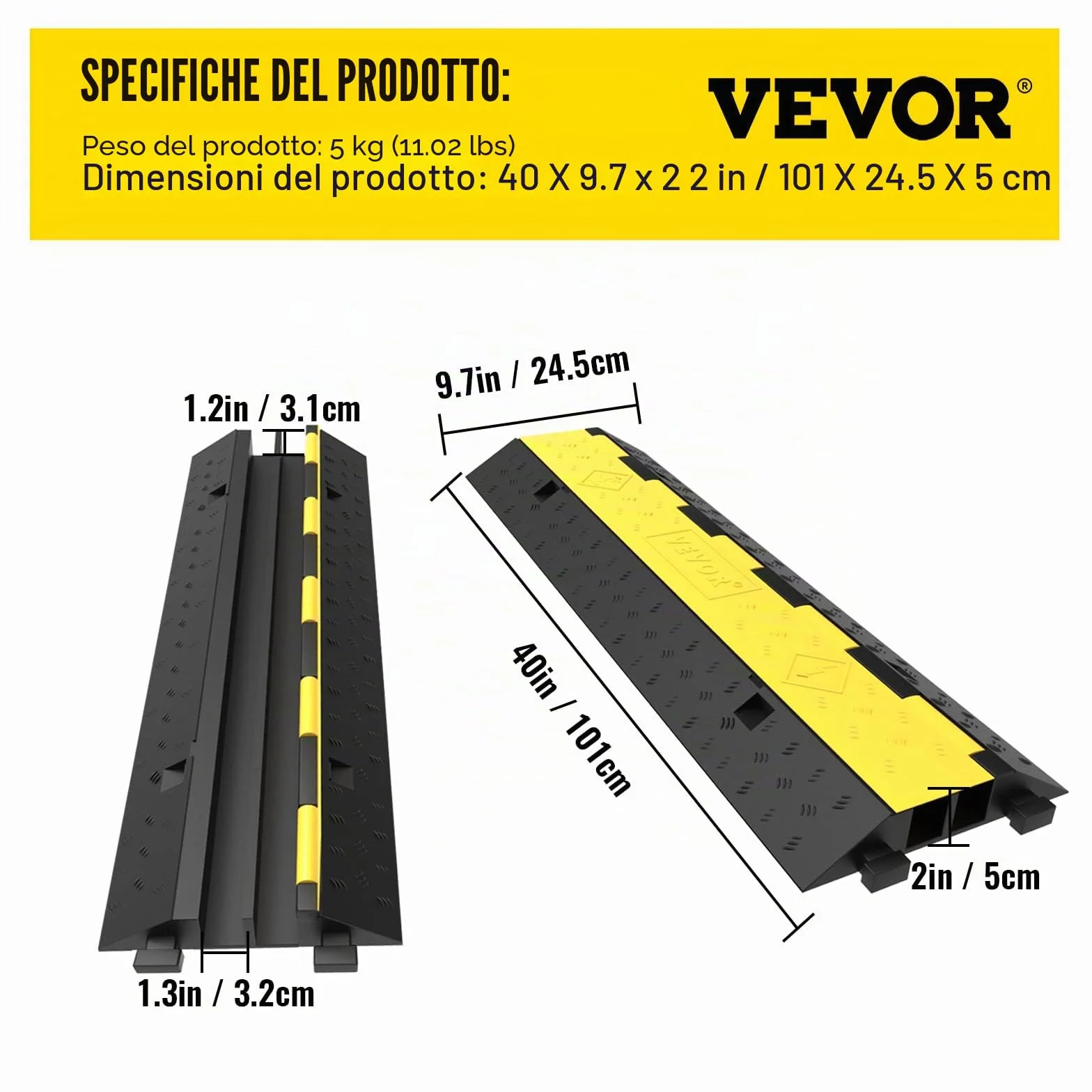 VEVOR Rampa Modulare per Condotto 2 Canale, Protezione Cavo in Gomma e PVC Carico 4.989 kg, 4 Pezzi Nero Giallo