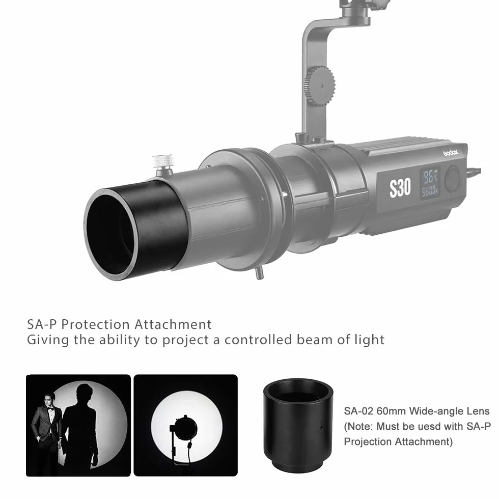 GODOX S30 Attachment +SA-02 Obiettivo 60mm per GODOX S30 LED Video Luce Registrazione Video Fotografia Ripresa Esterna (SA-02)
