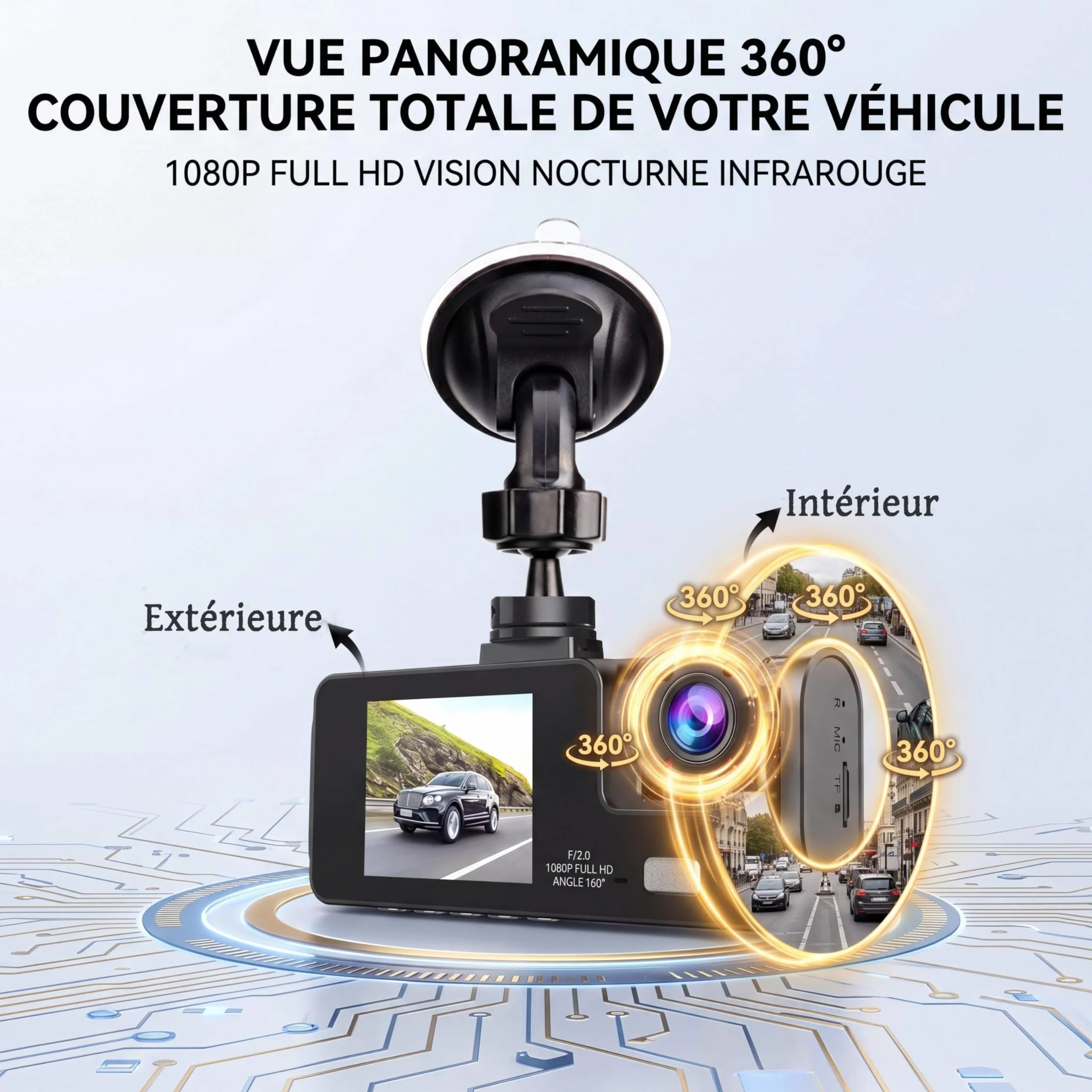 Telecamera Dashcam 3 telecamere 1080P Full HD | Massima sicurezza a 360° senza angolo morto, visione notturna e parcheggio monitorato, WiFi integrato rilevamento del movimento, ideale per i conducenti