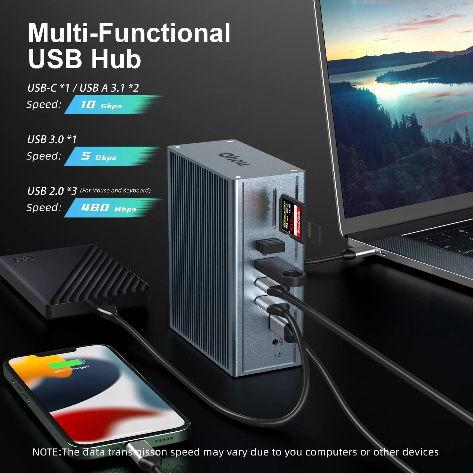 Qhou Docking Station USB-C 16 in 1 Docking Station USB C, tripla HDMI, 100 W PD, Ethernet, audio da 3,5 mm, 2 USB A e USB C, SD/TF per computer portatili Mac Pro/Air e Thunderbolt 3