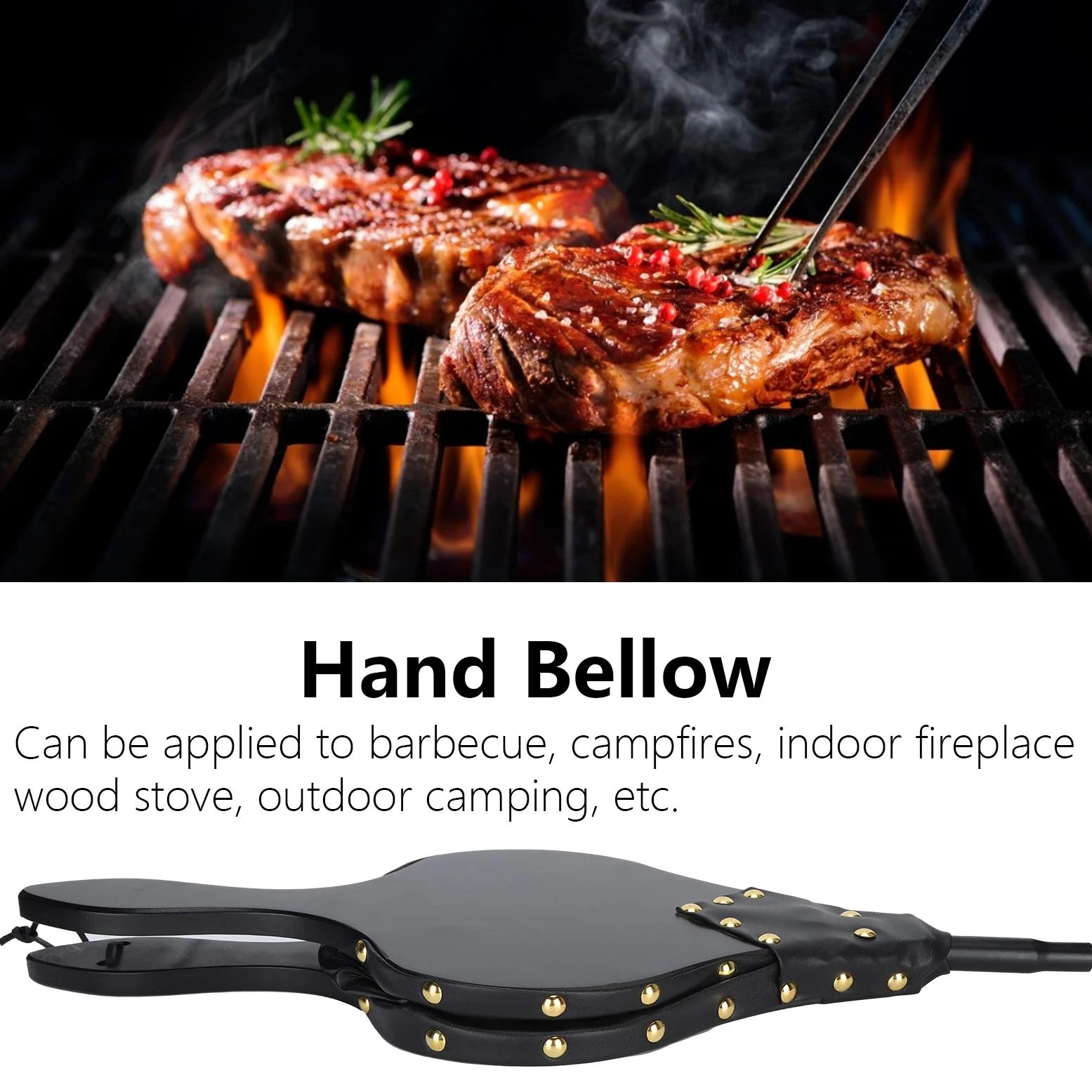 Soffietto per Camino, Soffiatore Manuale in Pelle per Camino, Soffiatore per Camino in Legno per Barbecue Cucina all'aperto Campeggio con Manico Lungo Strumenti per Camino