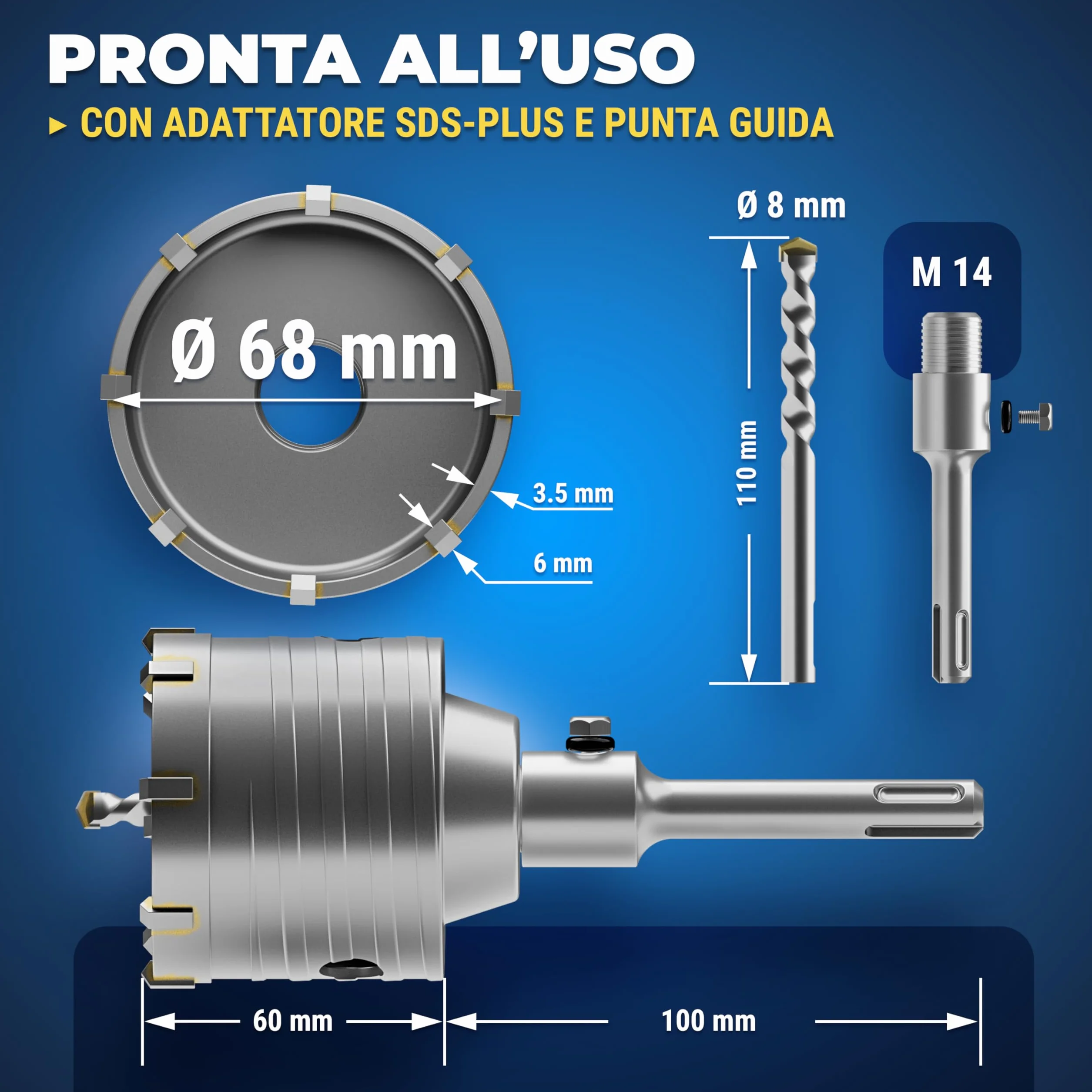 S&R Fresa a Tazza per Muro Cemento Ø 68mm Corona Diamantata Carotatrice a Secco SDS PLUS
