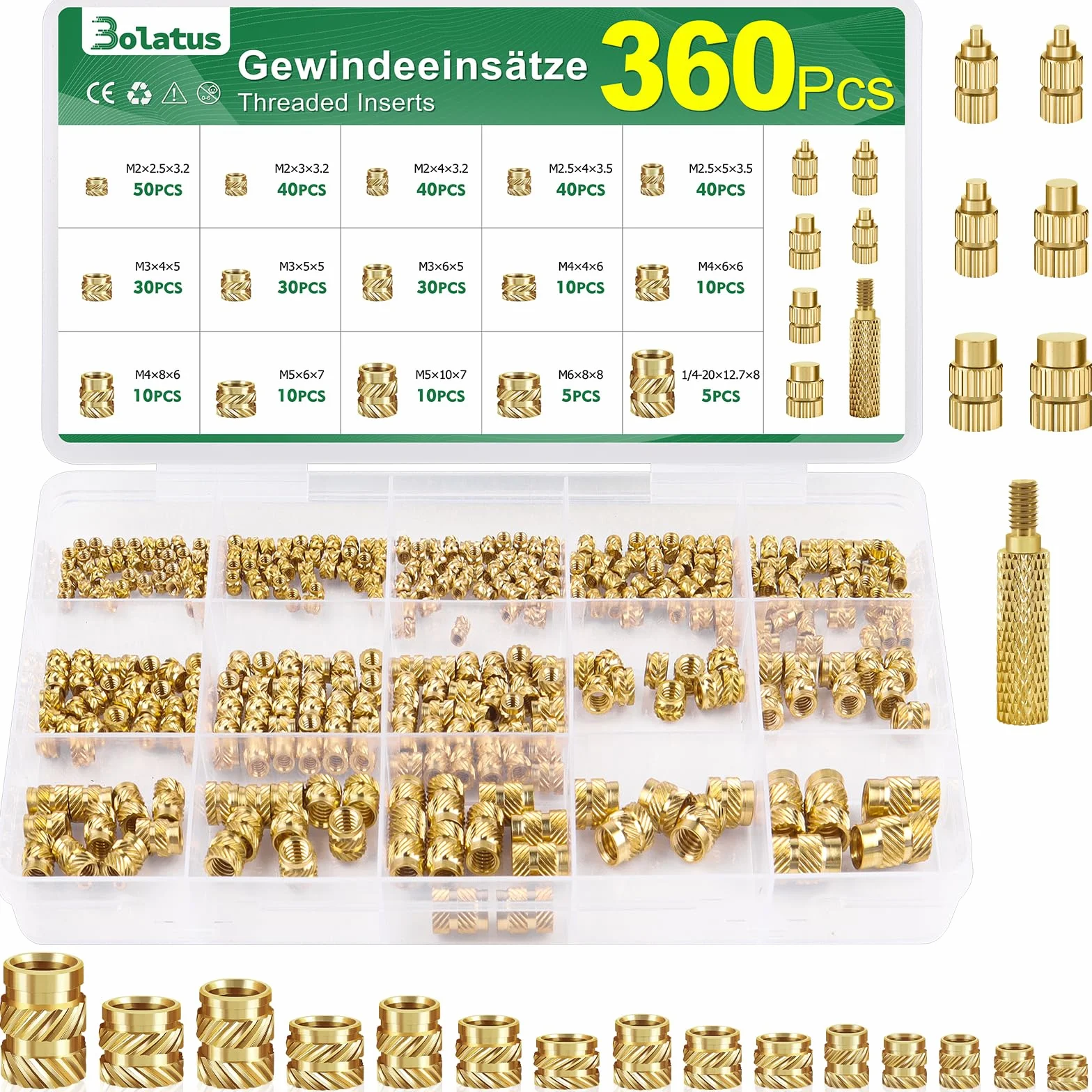 360 inserti filettati M2 M2.5 M3 M4 M5 M6, Bolatus dadi monofusione in ottone con saldatore, filettatura zigrinata per parti in plastica, inserti filettati per stampanti 3D