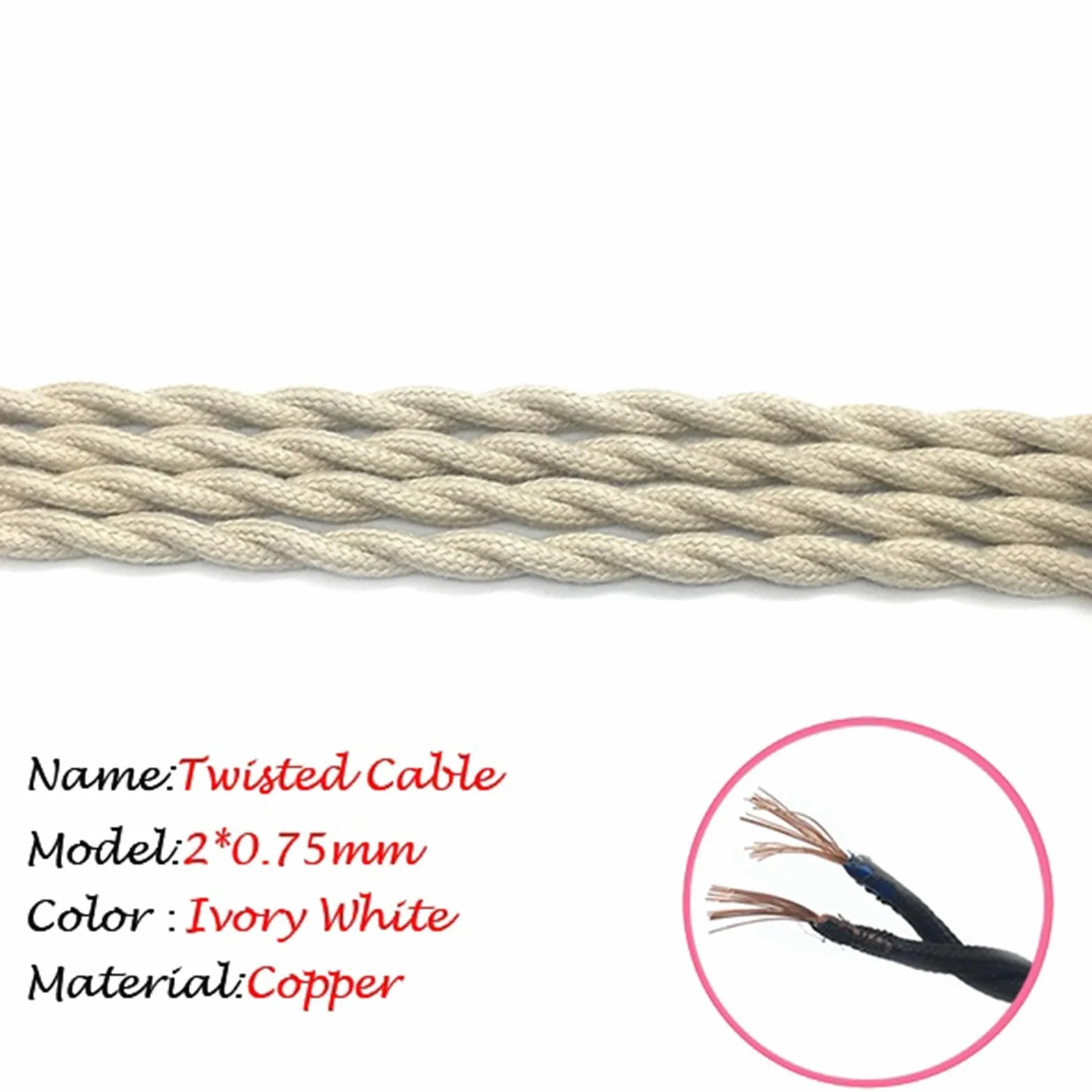 fili, Stile Cavo elettrico intrecciato decorativo lampada tessile(Ivory,5Meter 18 AWG)