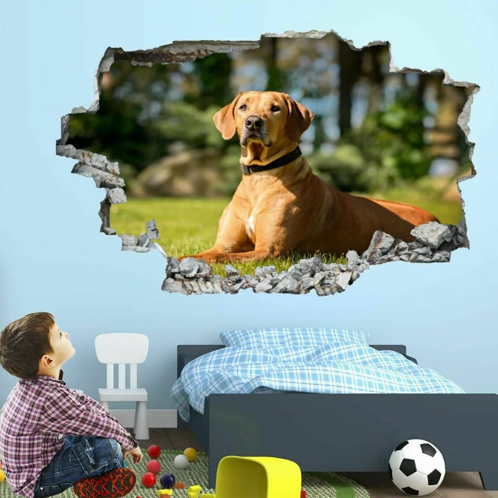 Decorazioni da parete Adesivi 3D fracassati Cane Rimovibile Art Wall Tattoo Famiglia di animali Decalcomanie da muro per la casa Nursery Ragazze Bambini Soggiorno Camera da letto Decorazione