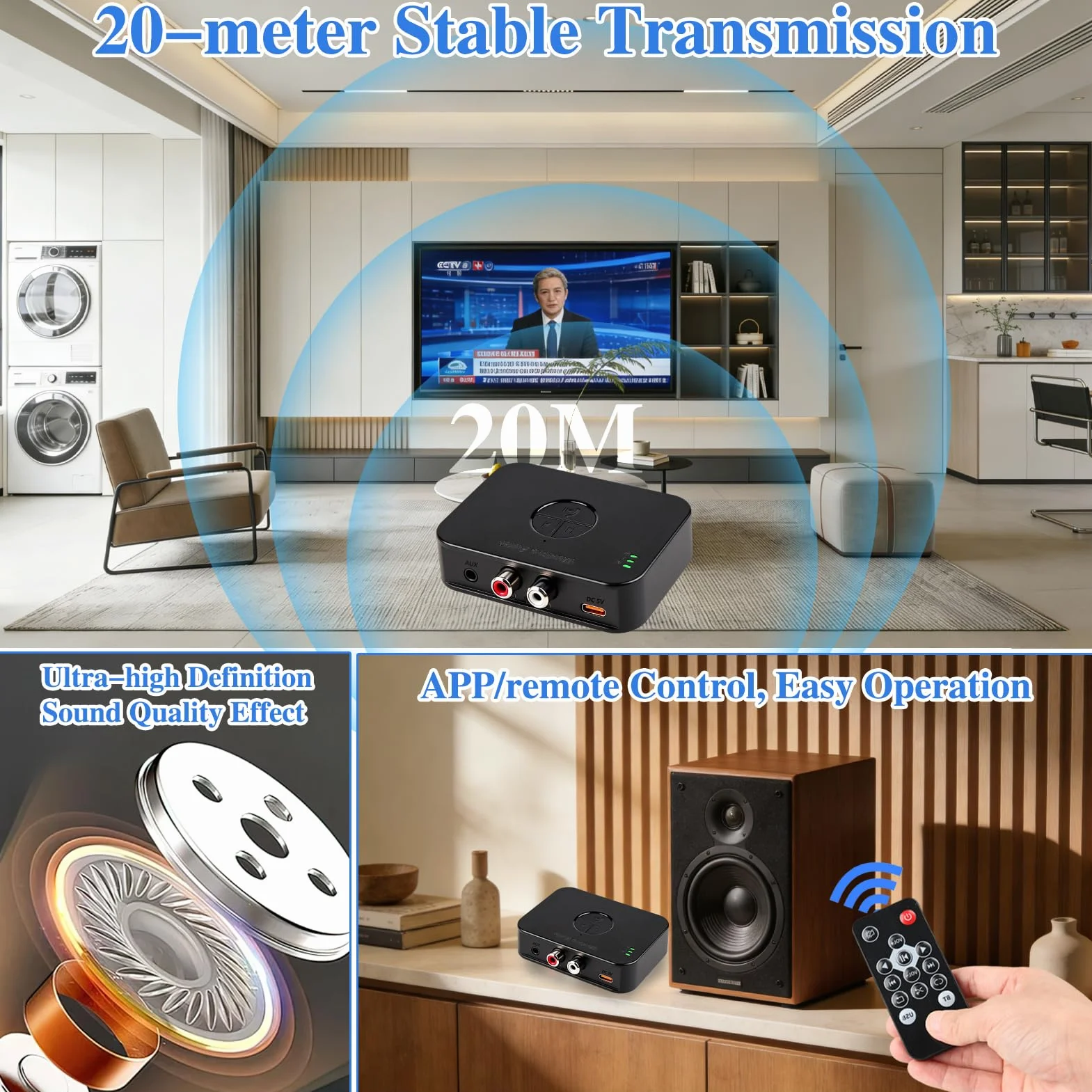 Adattatore Bluetooth 6.0 stereo, doppia connessione 3,5 mm AUX & RCA output, ricevitore Bluetooth per altoparlanti, amplificatore e autoradio, ricevitore audio HiFi Bluetooth con telecomando e 3D