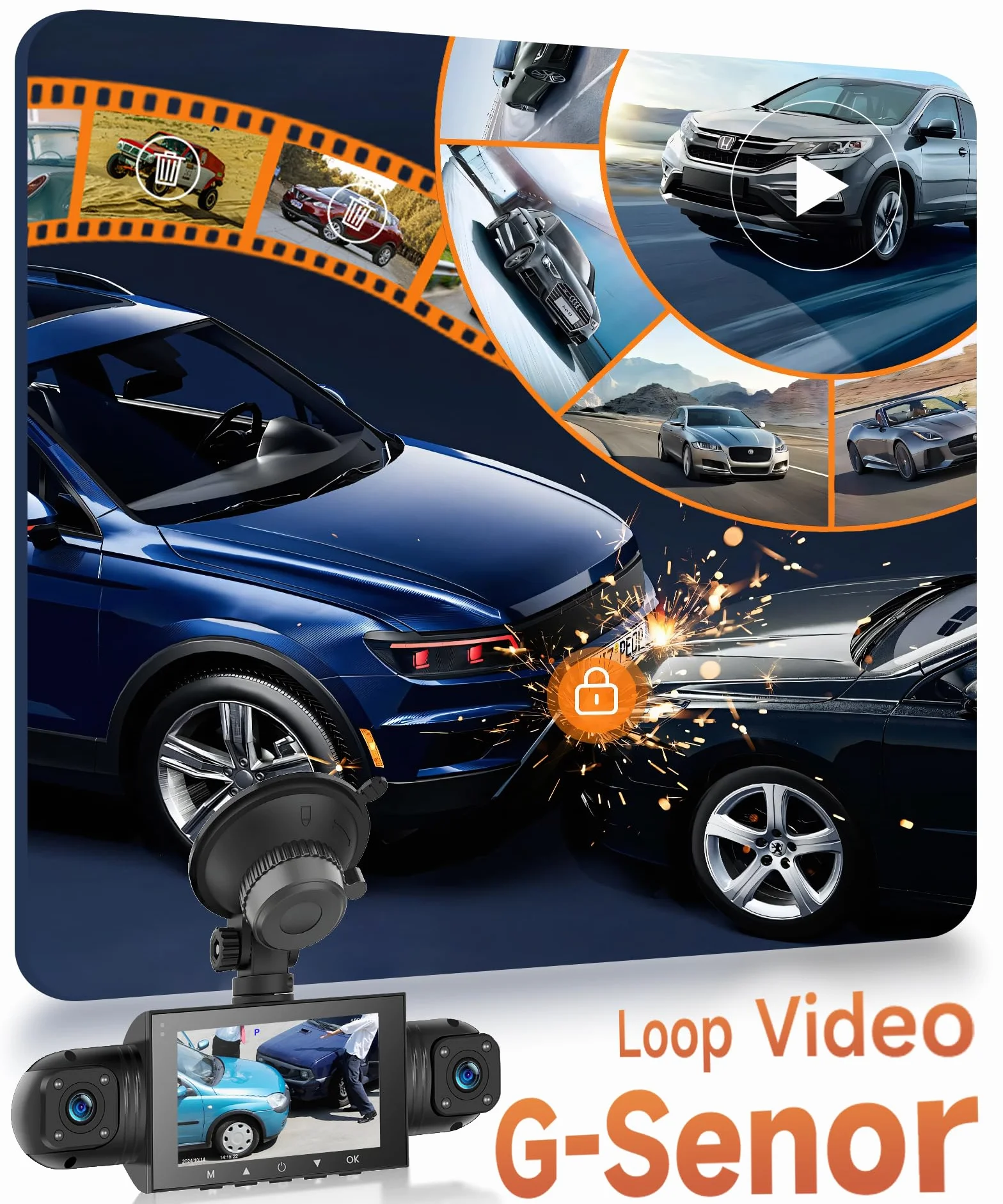 4 Canali Dashcam Auto 360°, 4 Telecamera HD 1080P Anteriore e Posteriore Sinistra Destra, 3 Pollici 1080P Dash Cam con 8 IR Visione Notturna/Loop video/24H Parcheggio Monitor/G-Sensore