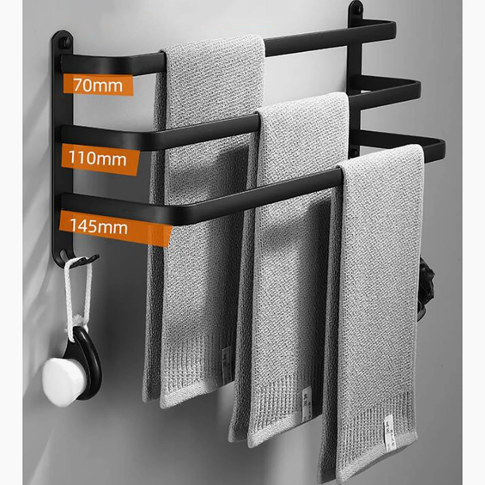 Portasciugamani da Bagno Nero a Parete, Portasciugamani da Bagno a Tre Strati, Portasciugamani in Alluminio Spazio Impermeabile e Antiruggine per Cucina, Doccia, Hotel/60Cm