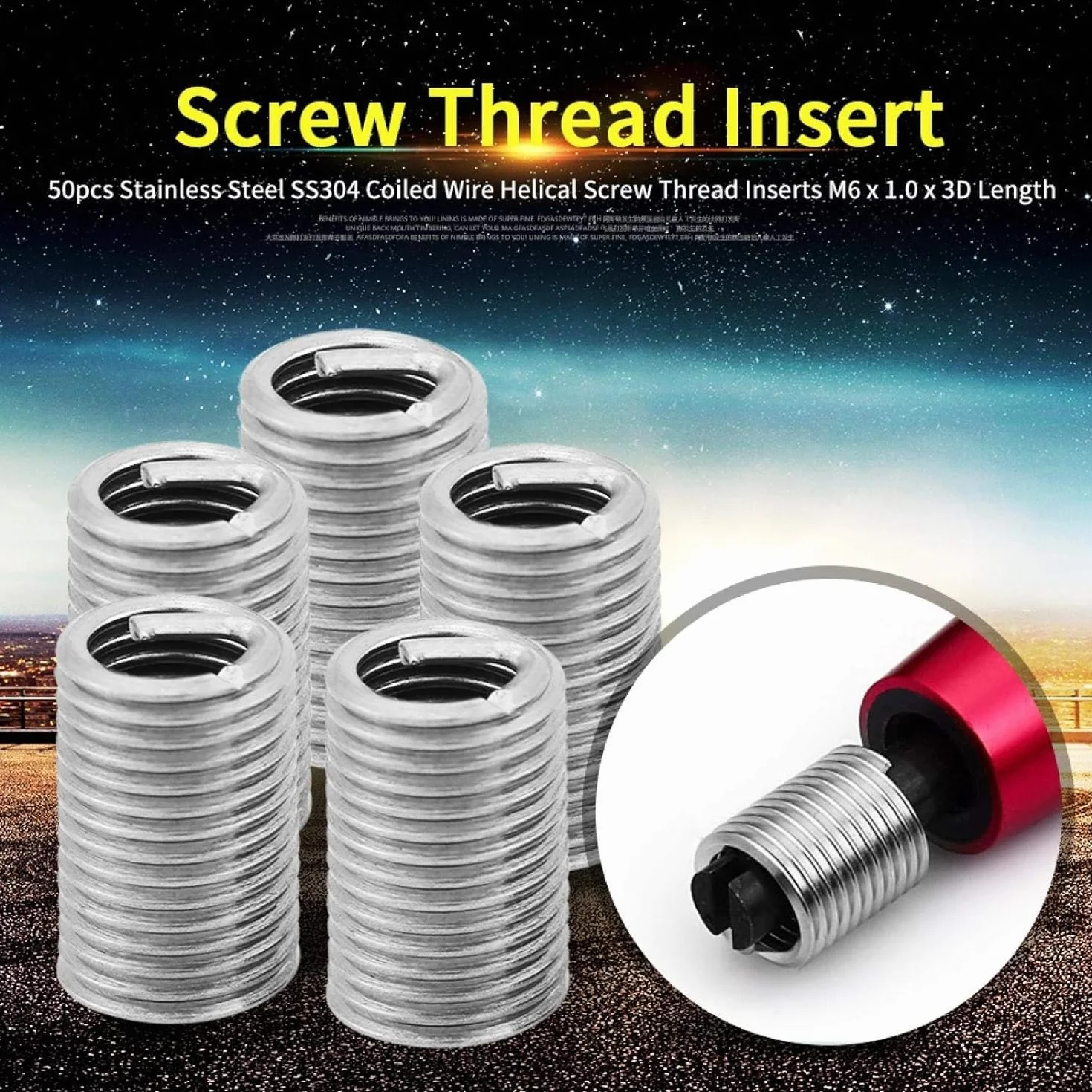 Tyenaza 50 Pezzi Inserto Filettato a Vite, M6 x 1.0 x 3D Inserto Helicoil, Kit di Inserti di Riparazione Metrico Filettato Tipo Elicoil in Acciaio Inox SS304, per Automotive, Turbine a Vapore