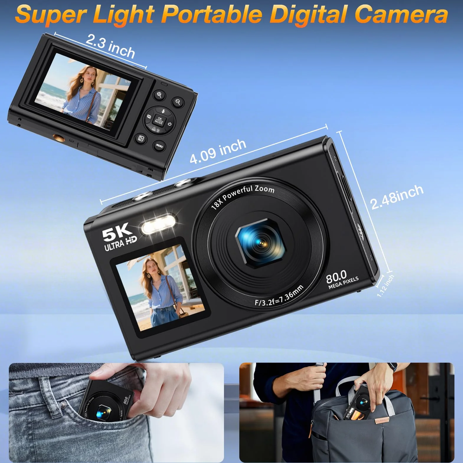 Fotocamera digitale a doppio schermo 5K per Vlogging, fotocamera WiFi da 80 MP con display frontale, zoom 18x, luce di riempimento, include scheda da 64 GB e 2 batterie