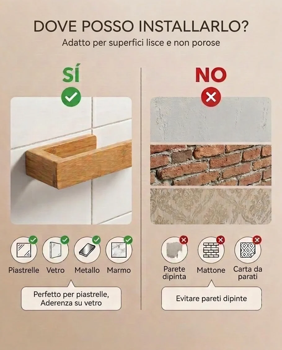 Porta Asciugamani Bagno Bambù Naturale 30cm Adesivo Extra Forte Resistente all'Umidità