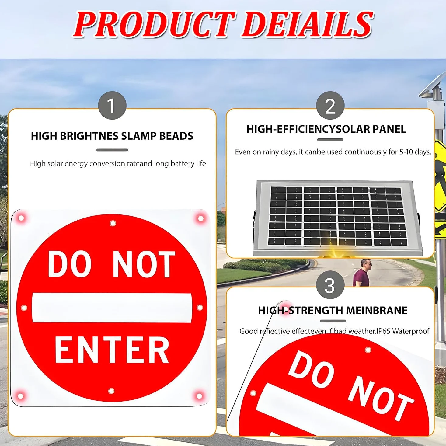 Cartello lampeggiante a LED con scritta Vietato l'ingresso alimentato a energia solare,struttura in alluminio resistente e antiruggine,12LED,cartello a LED con scritta Vietato l'ingresso 24in-1piece