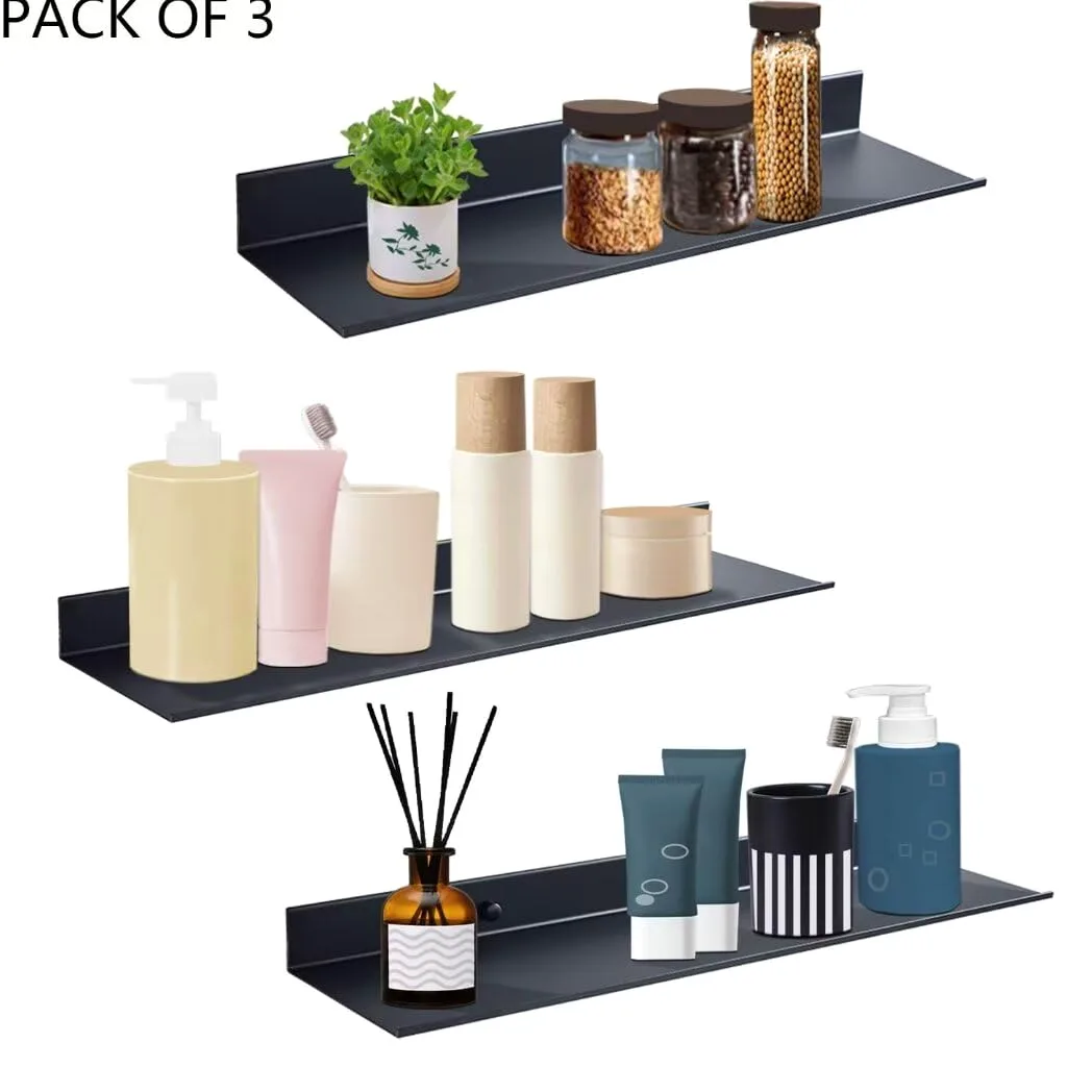 3 mensole da parete da 20 cm, in alluminio nero, senza trapano e foratura, versatili per bagno, camera da letto, cucina, mensole galleggianti moderne