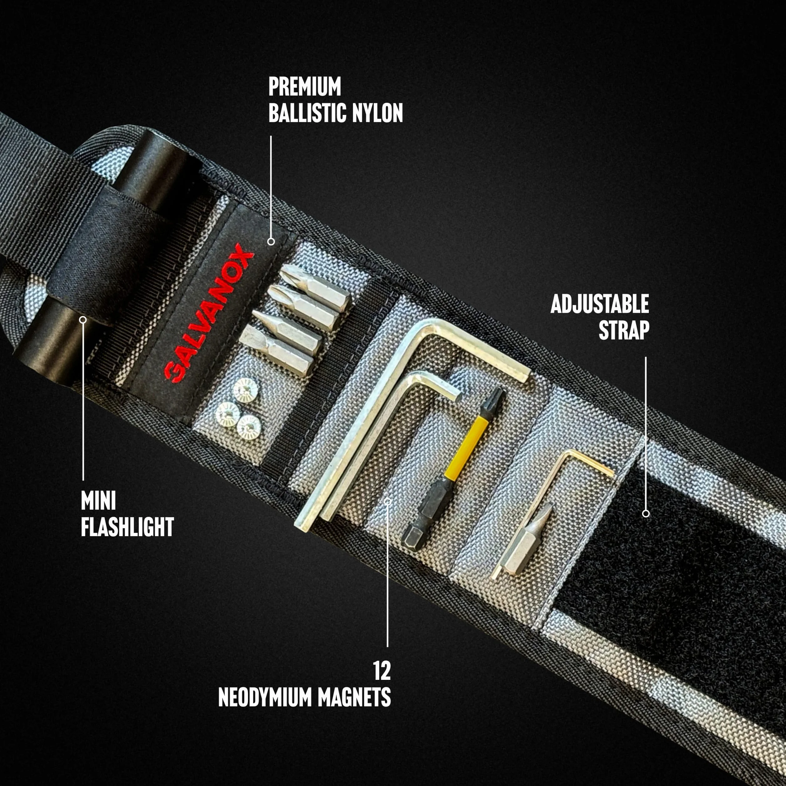 Galvanox Braccialetto magnetico con torcia a LED, magnete da polso in nylon per attrezzi, viti e chiodi, con luce da lavoro regolabile, ottimo regalo per uomini, padri, tuttofare (nero)