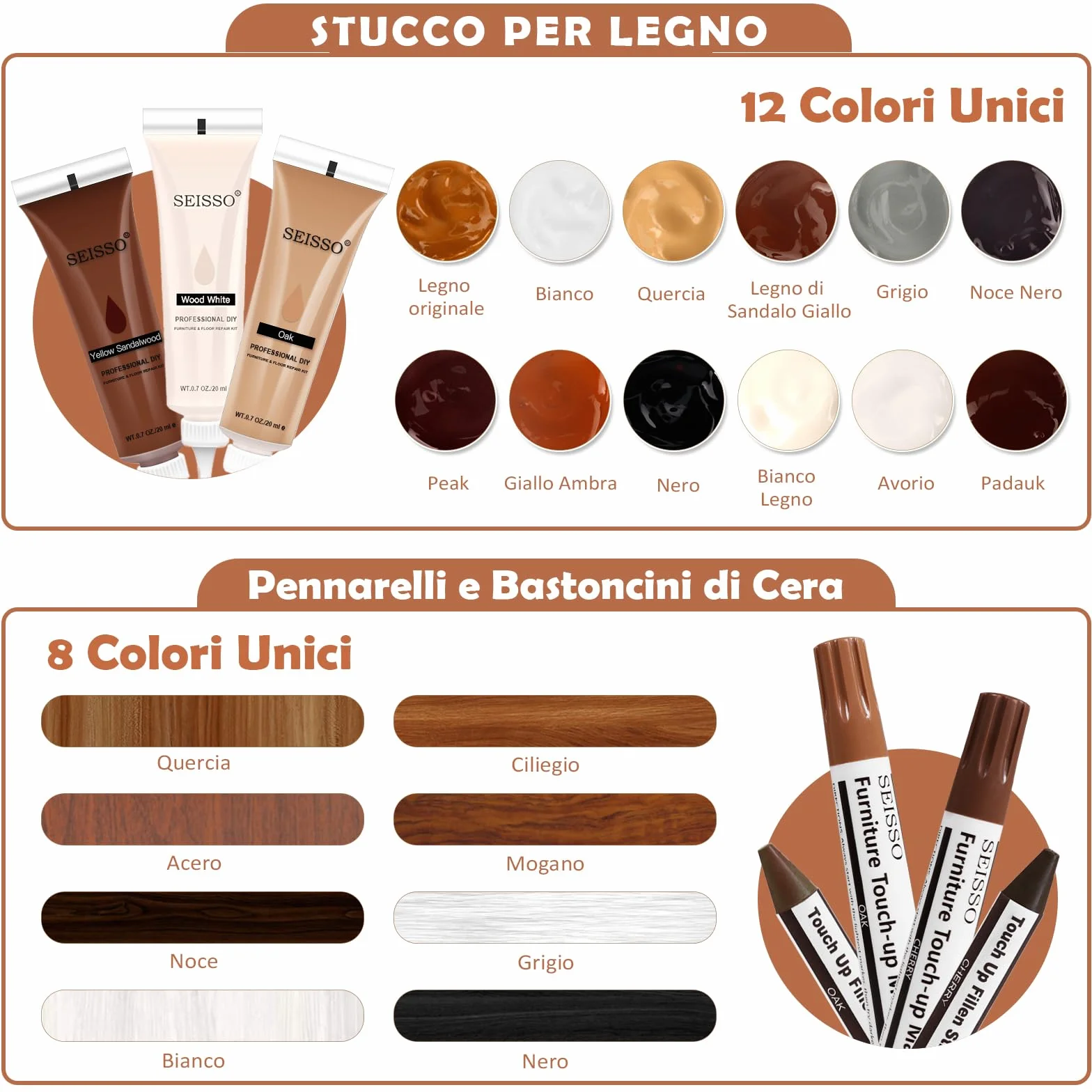 Kit di Riparazione Mobili in Legno - Set di 42 stucchi, Pennarelli e Bastoncini di Cera per la Riparazione di Mobili - Utilizzato per Coprire Graffi, Macchie, Tavoli, Scrivanie