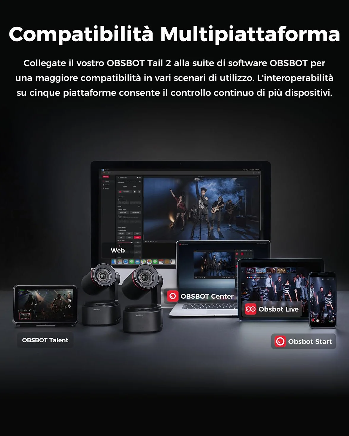 OBSBOT Tail 2 con NDI, PTZR Camera 4K@60FPS, Pro AI Tracking, 1/1.5" CMOS, 50MP, Zoom Ottico 5X, Zoom Ibrido 12X, Uscita SDI/HDMI/IP/USB 3.0, Live Streaming per Istruzione, Conferenze, Culto, Live