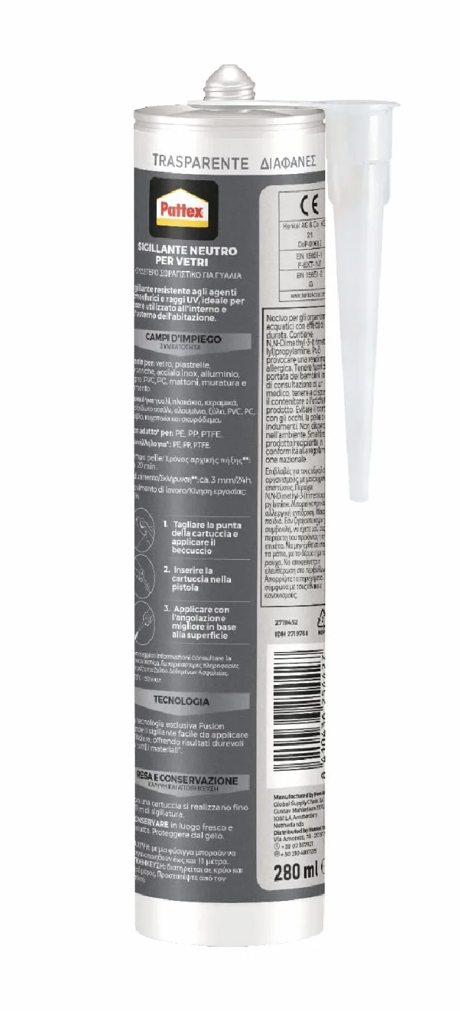 Pattex Sigillante Silicone Neutro per Vetri e Specchi Trasparente 280 ml