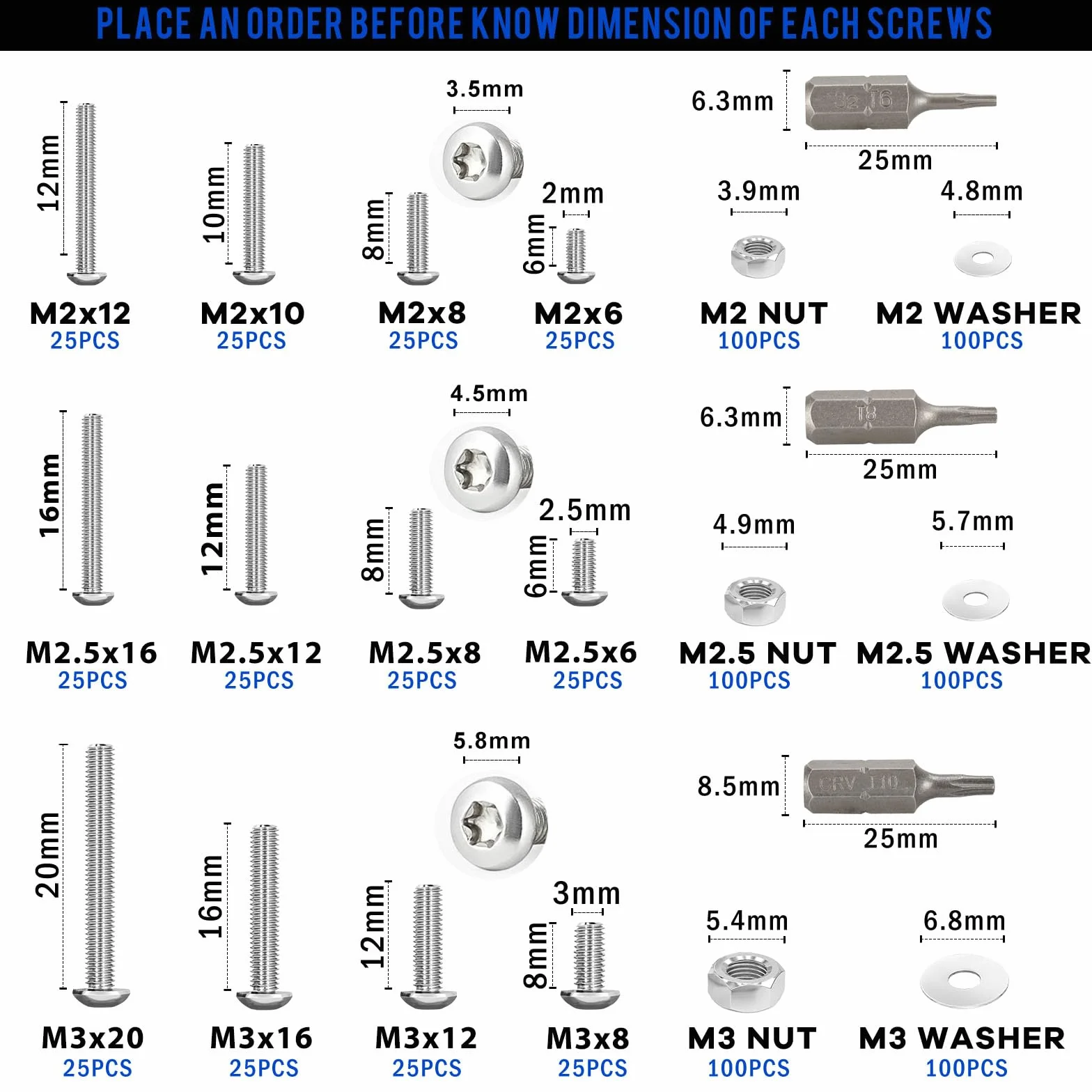 Viti per Metallo Torx M2 M2.5 M3, 900 Pezzi Acciaio Inox 304, Bulloni e Dadi