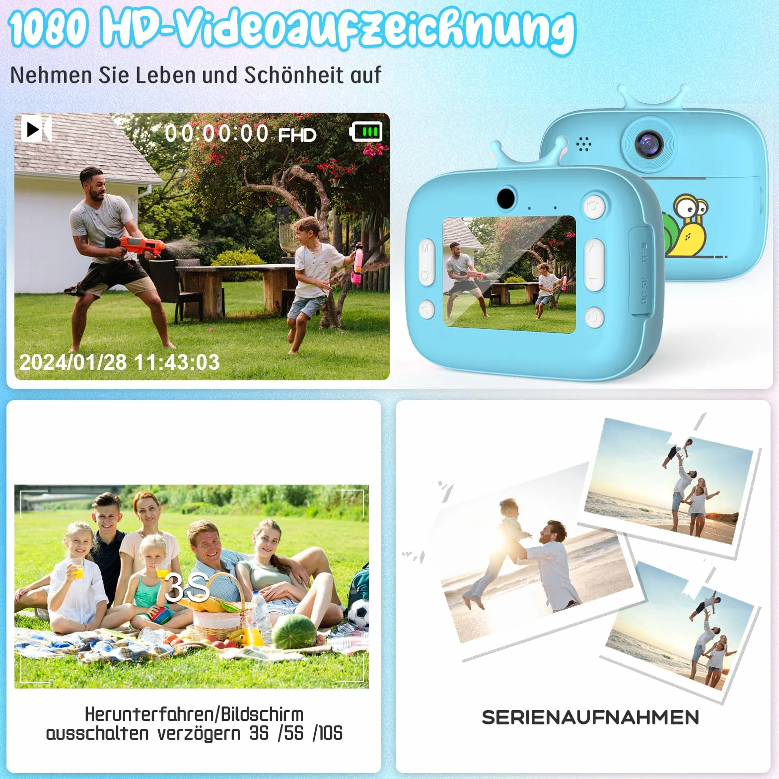 Macchina Fotocamera Istantanea per Bambini, Nauotk 2,4 Pollici Fotocamera Digitale con 32GB TF Scheda, Carta Fotografica per Stampa e Penne Colorate per DIY, Regalo di Natale per Bambini 3-14 anni