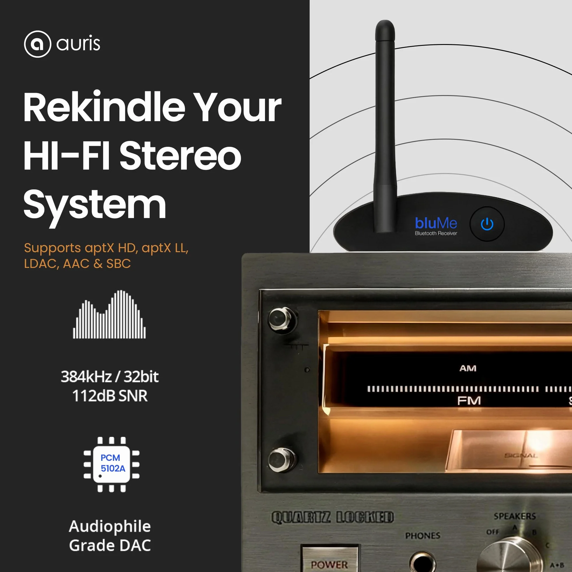 Auris Blume HD Long Range Bluetooth 5.3 Music Receiver Hi-Fi Wireless Audio Adapter with Audiophile DAC, LDAC & aptX HD for Streaming to Home Stereo, AV Receiver or Stereo Amplifier