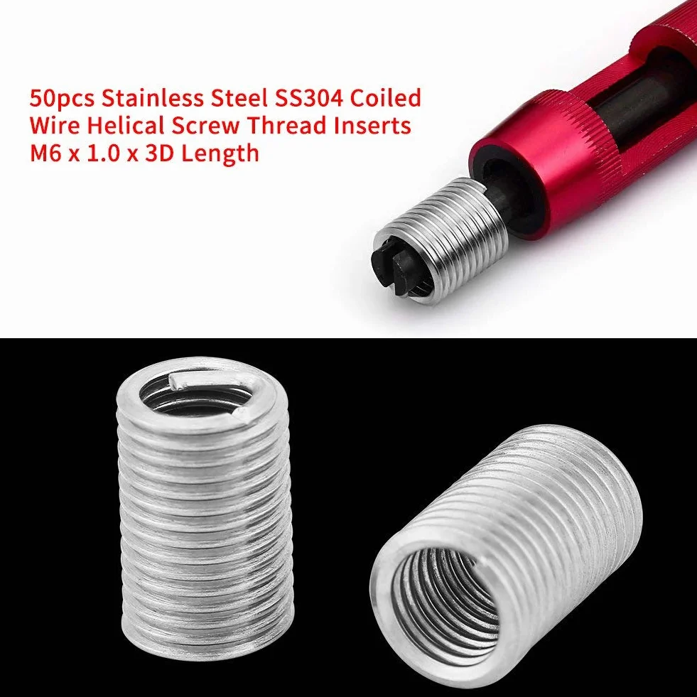 Tyenaza 50 Pezzi Inserto Filettato a Vite, M6 x 1.0 x 3D Inserto Helicoil, Kit di Inserti di Riparazione Metrico Filettato Tipo Elicoil in Acciaio Inox SS304, per Automotive, Turbine a Vapore