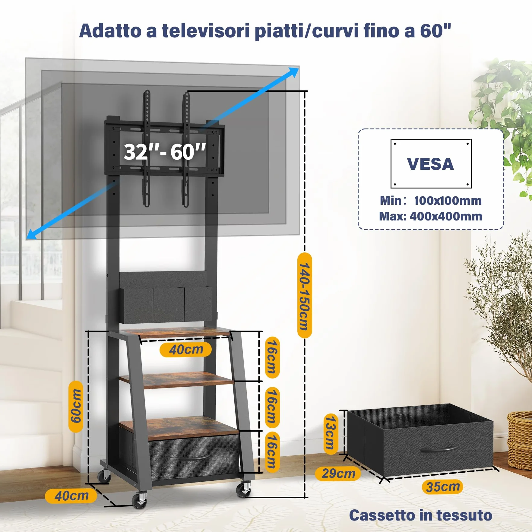 Mobile porta TV con ruote, cassetto e 3 ripiani per TV piatti/curvi da 23"-60", mas 72 kg, per LCD/LED/OLED. Carrello mobile con altezza regolabile per casa, ufficio e esterni, VESA mas 400x400mm
