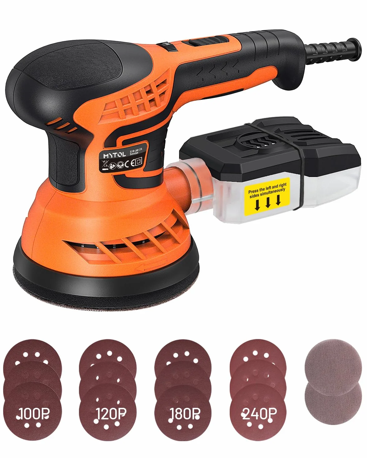 MYTOL 350W Levigatrice orbitale,7 velocità variabili,14 pezzi di carta vetrata(2 vetrata senza polvere)e raccoglitore di polvere,6000-13000U/min,125MM Levigatrice per Legno per la levigatura del legno