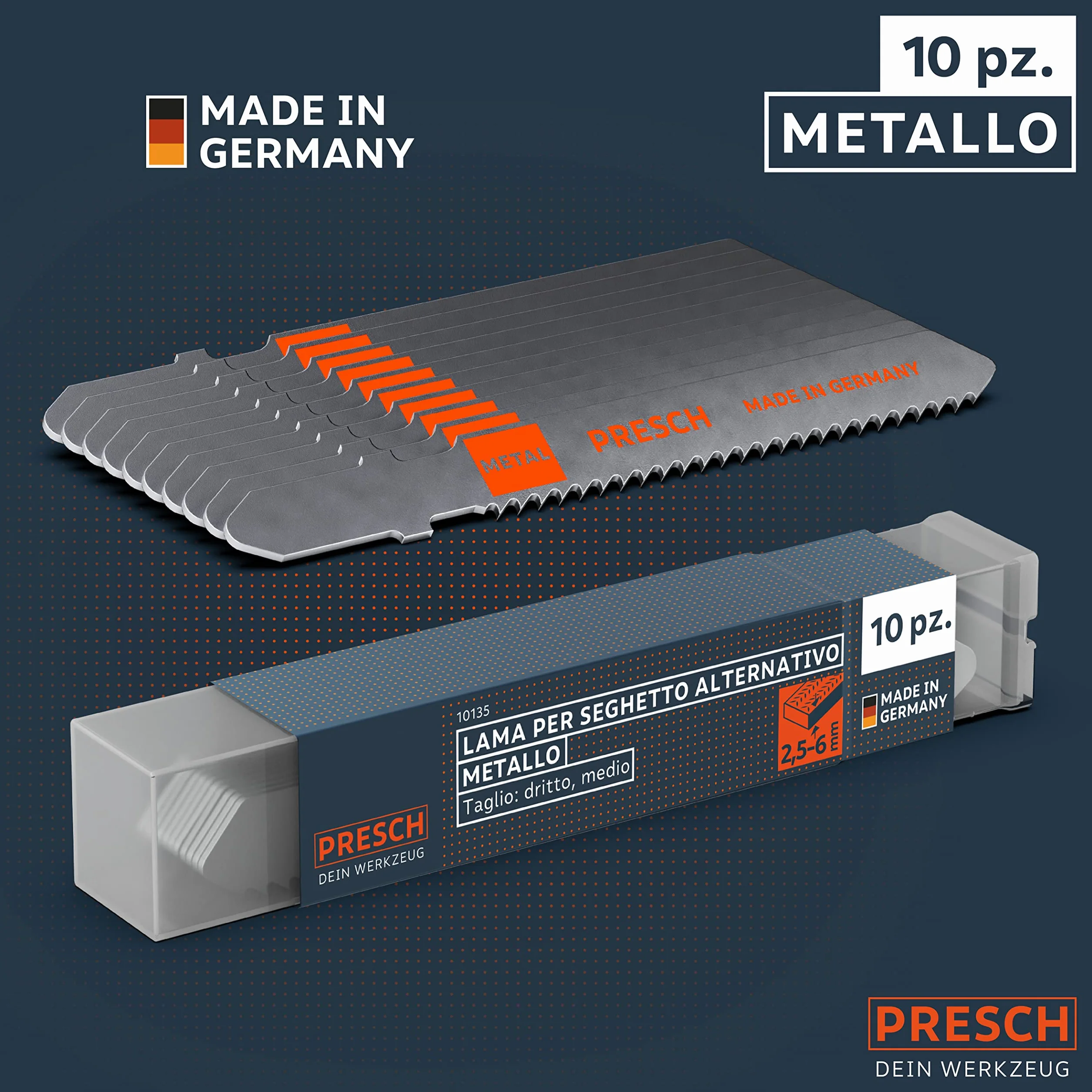 Presch Lame seghetto alternativo Metallo 10 pz. - Tagli precisi in lamiere di medio spessore (2,5-6mm) - Lame per seghe durature con codolo a T per tutti i seghetti alternativi