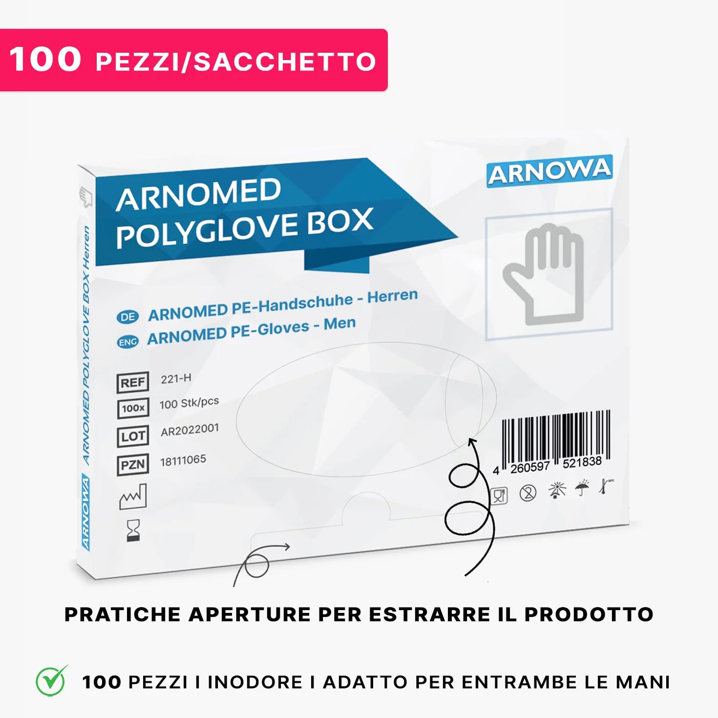 ARNOMED Guanti monouso PE 100 pezzi usa e getta per alimenti trasparenti sottili