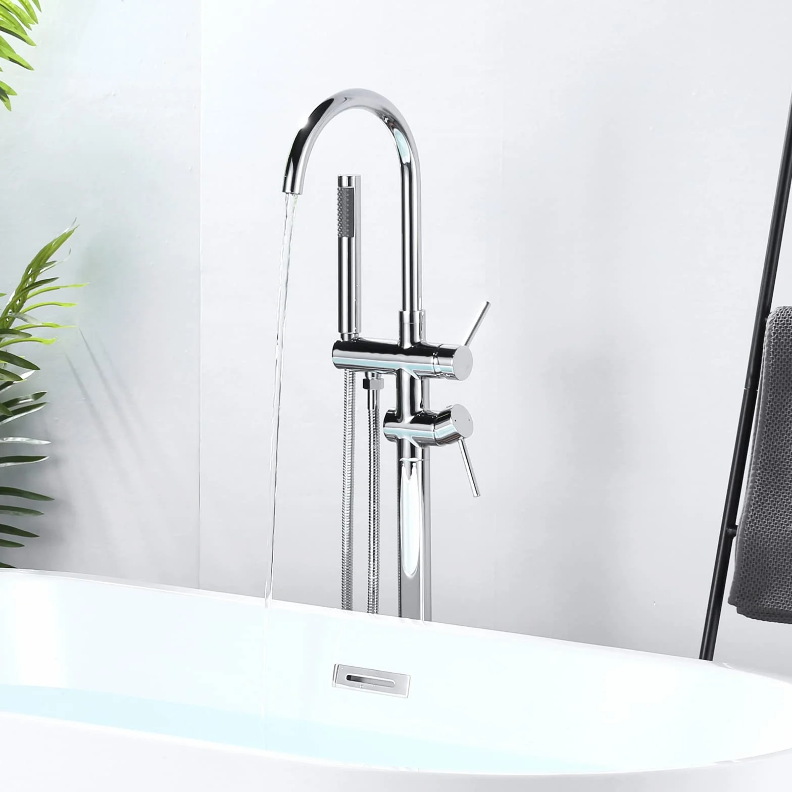 ARCORA Rubinetto Vasca a Pavimento Miscelatore Autoportante con Doccetta Girevole 360° Rame Acciaio Inox Cromato
