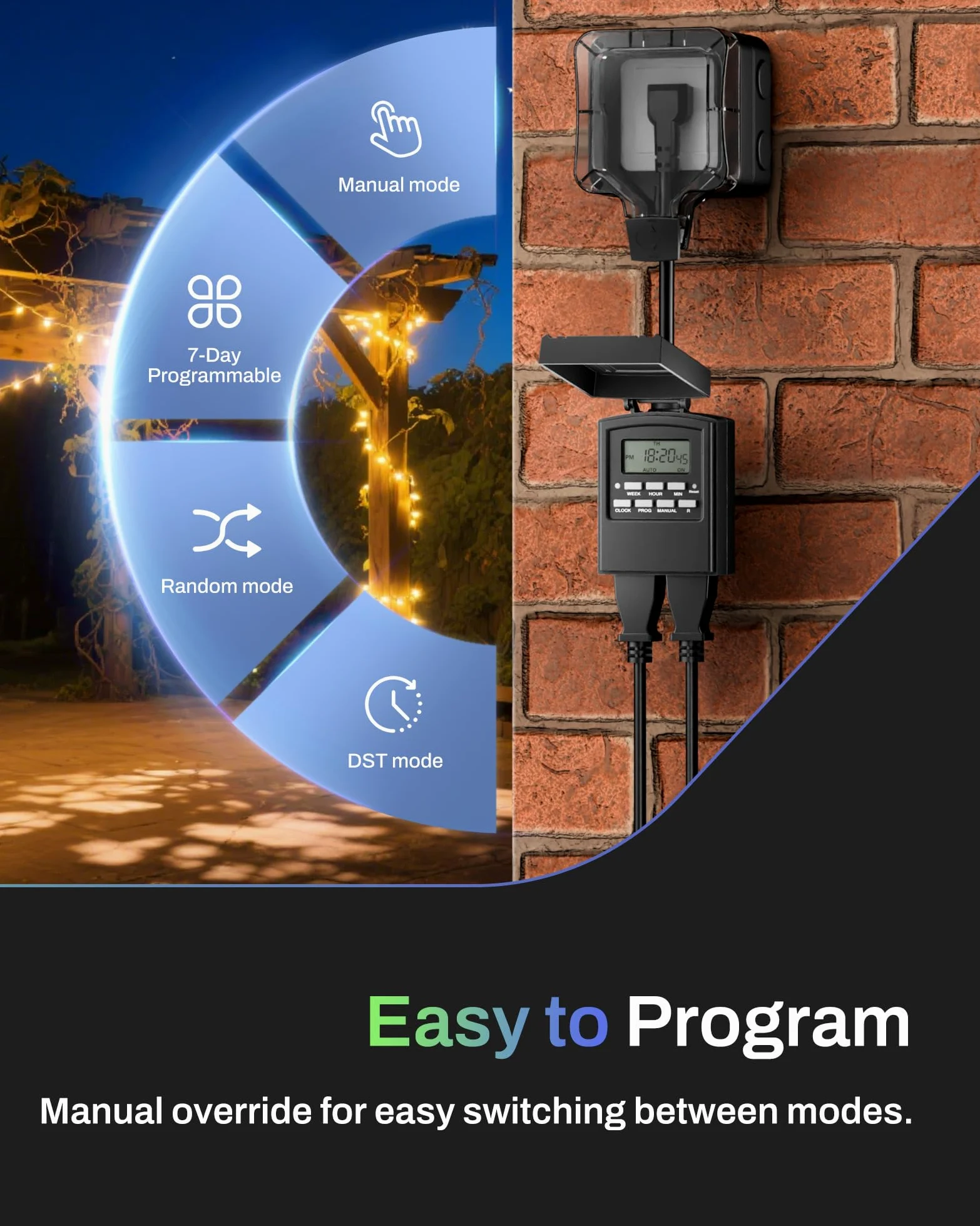 BN-LINK Timer digitale programmabile da 7 giorni per esterni, impermeabile, 2 prese elettriche con messa a terra per luci di Natale, 15 A, 1/2 HP, certificazione ETL