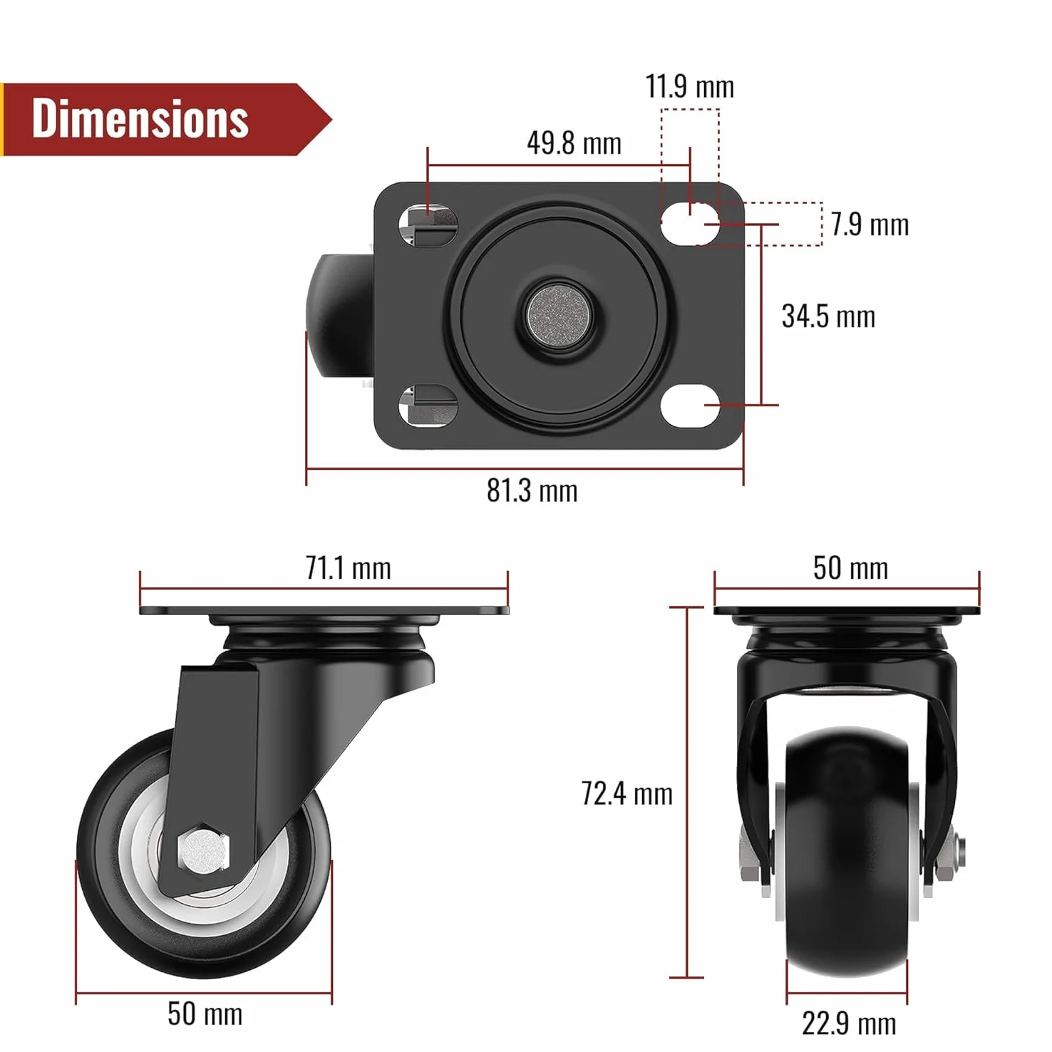 50mm Mobili Ruote per carrelli Senza Freno - Totale capacità 500kg - Scorrevole & Silenzioso Ruote - per carichi Pesanti Ruote per Mobili (Set di 8)