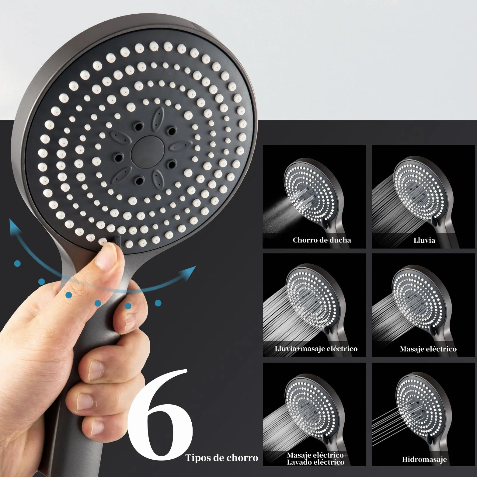 OFFO Soffione Doccia con Tubo,Flessibile da 1,6 m, con 6 Modalità Di Spruzzo,Soffione Doccia Grande con Tubo a Risparmio Idrico,Doccino per Doccia con Tubo a Mano per Il Bagno,Nero Cromo