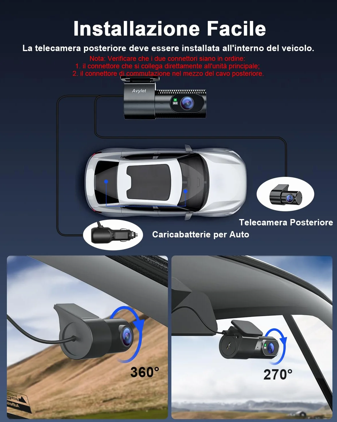 Avylet Dash Cam Auto 4K+1080P Anteriore e Posteriore, Schermo da 1,5", WiFi 5GHz, Grandangolo 170°+150°, Visione Notturna, Modalità Parcheggio 24H, WDR, App, G-Sensor, Loop, Supporta 256GB