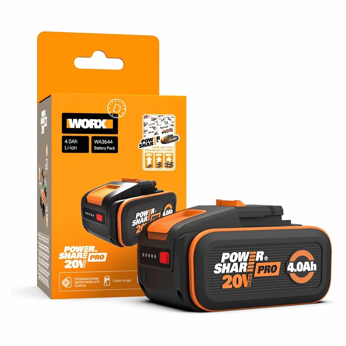 WORX WA3644 Batteria Powershare Pro agli ioni di litio 20 V 4 Ah compatibile con Worx 20 V 40 V 80 V