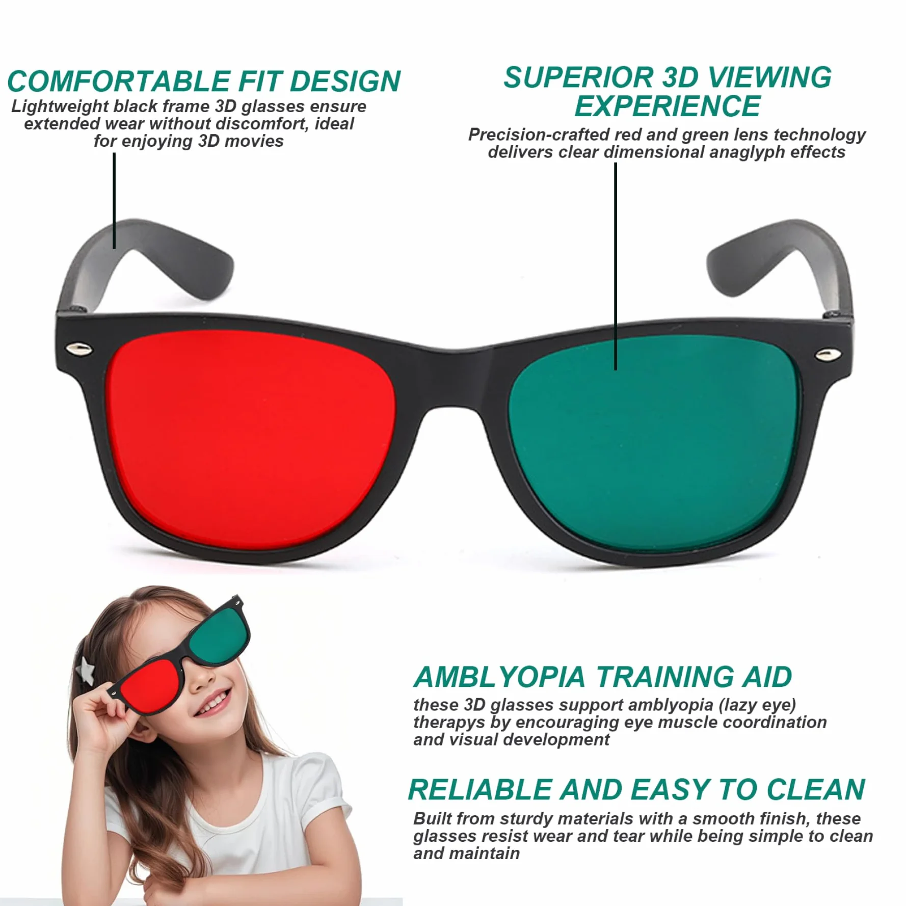 Occhiali 3D da 4 pezzi, occhiali 3D con montatura nera, rosso verde, per giochi TV, film in DVD, anaglifi dimensionali e da allenamento per l'ambliopia
