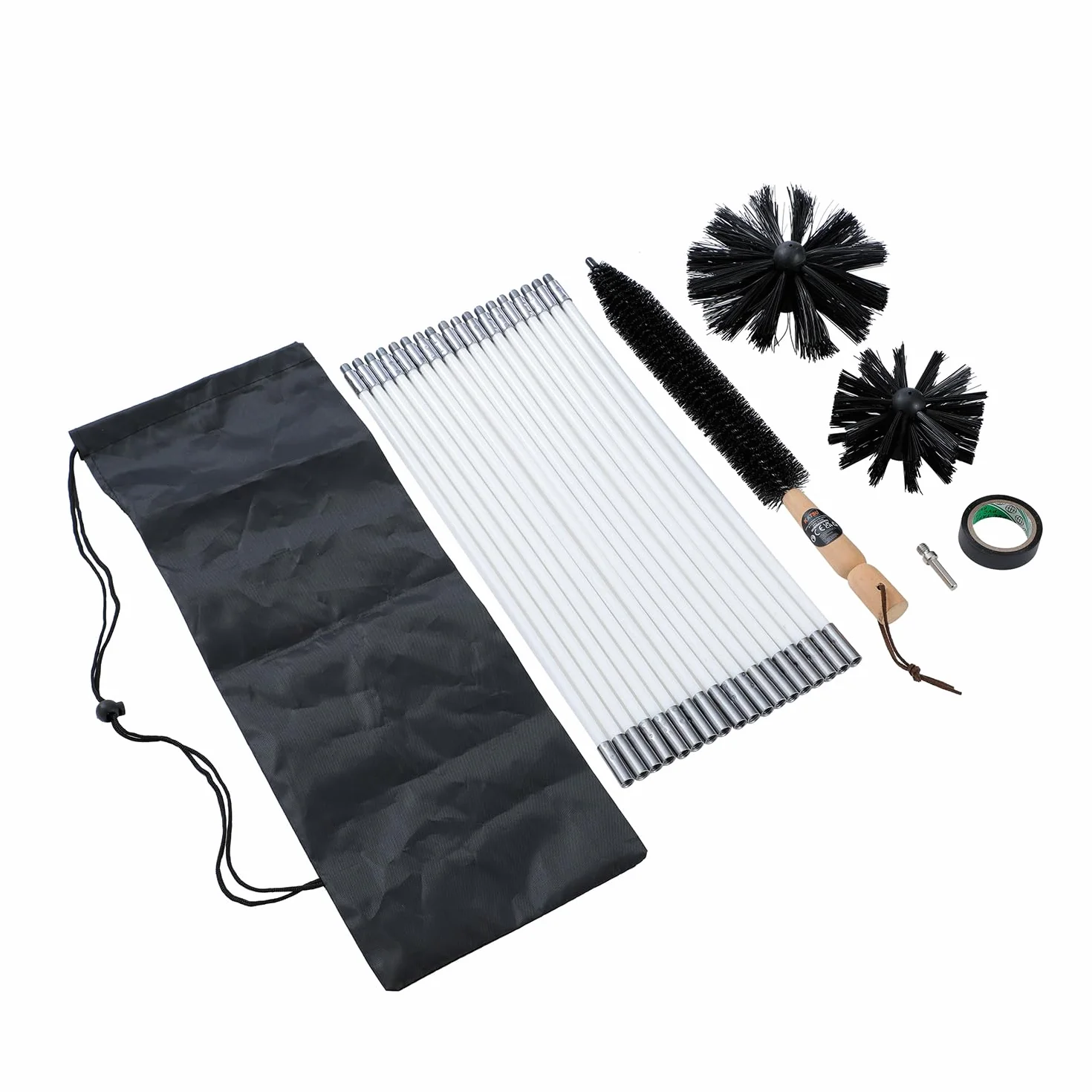 KATSU Tools Kit di 24 spazzole per la pulizia del camino con aste flessibili da 45,7 x 40,6 cm + testina da 10,2 cm e 15,2 cm + spazzola lunga in legno + borsa portaoggetti, strumenti di pulizia per