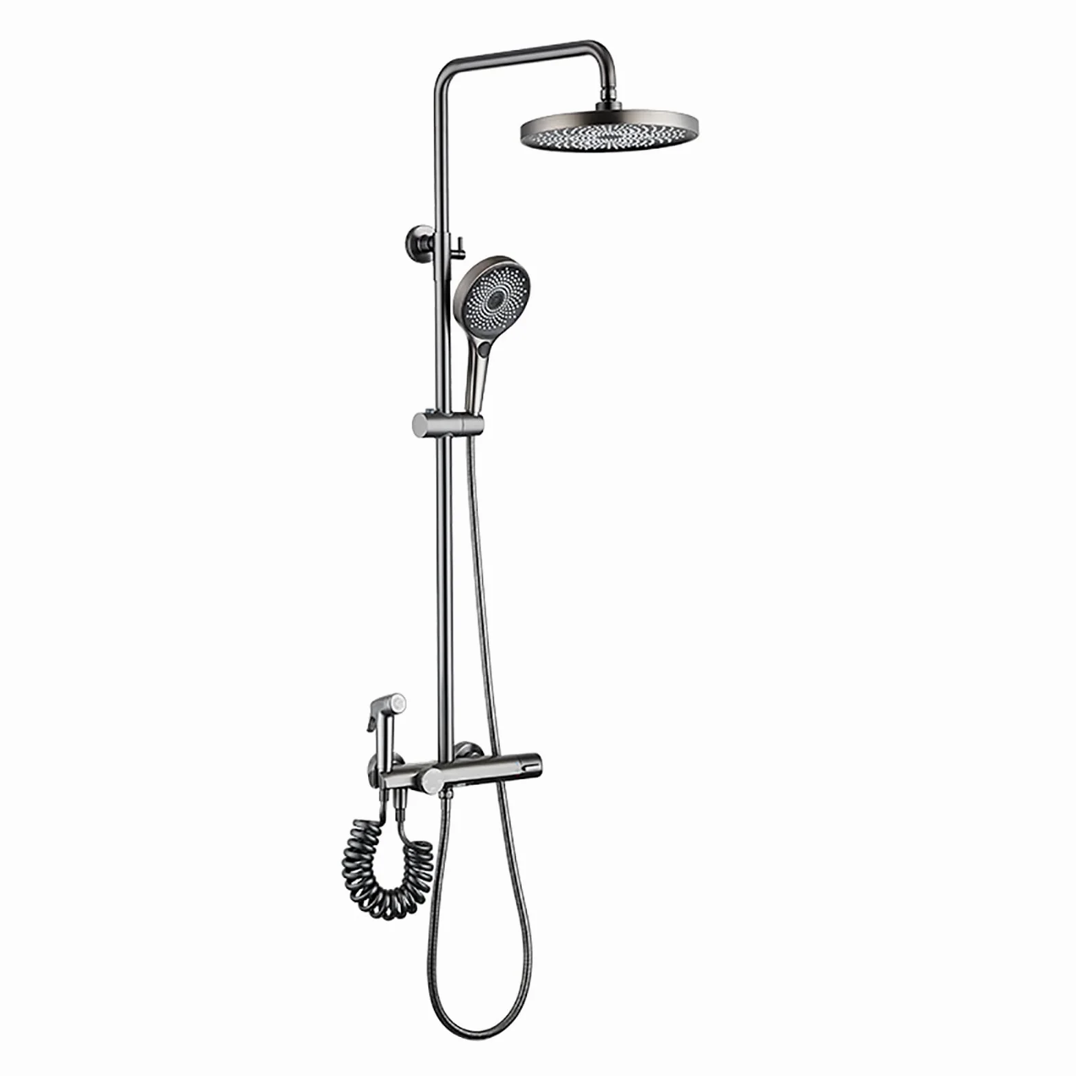 Sistema Doccia a Pioggia con soffione da 10 Pollici, Set Rubinetto termostatico a Parete, Cascata in Ottone, beccuccio per Vasca, doccetta a 3 modalità, Bidet S, Cromato (Grigio)