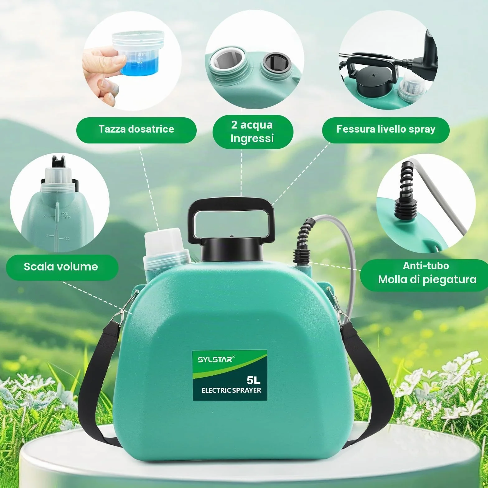 SYLSTAR Pompa Irroratrice a Batteria da 5L, 3 Velocità di Pompa Irroratrice,7.4V Spruzzatore Forte con Indicatore di Batteria, 4 Ugelli Regolabili Nebulizzatore Piante per Giardino (Verde)