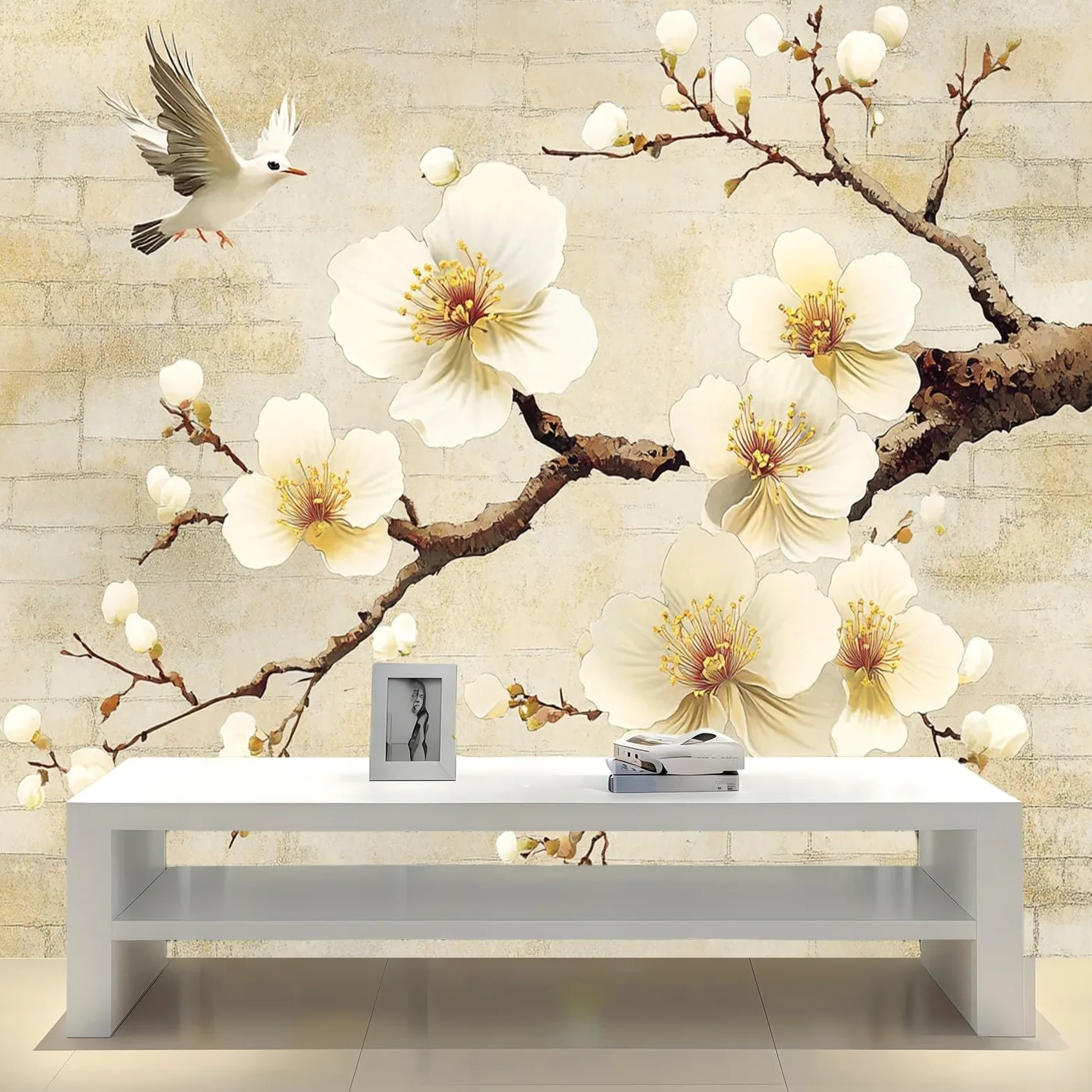 Carta da Parati Fiori astratti su muro di mattoni300 x 210 cm Fotomurale TNT Beige chiaro Decorazione Parete Moderna per Soggiorno Camera da Letto