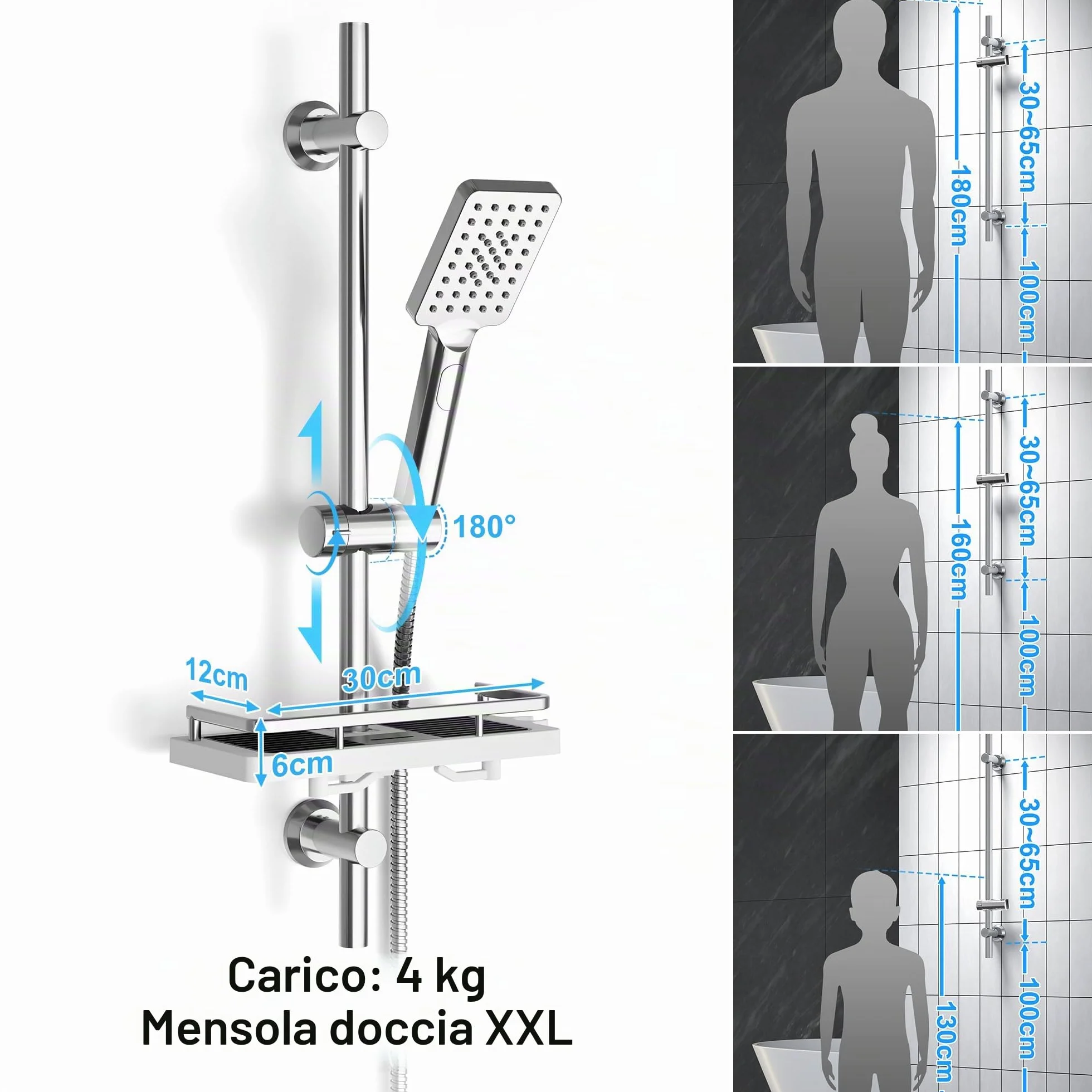 Görbach Colonna Doccia Acciaio Inox 70 cm Cromo 3 Getti con Soffione e Supporto