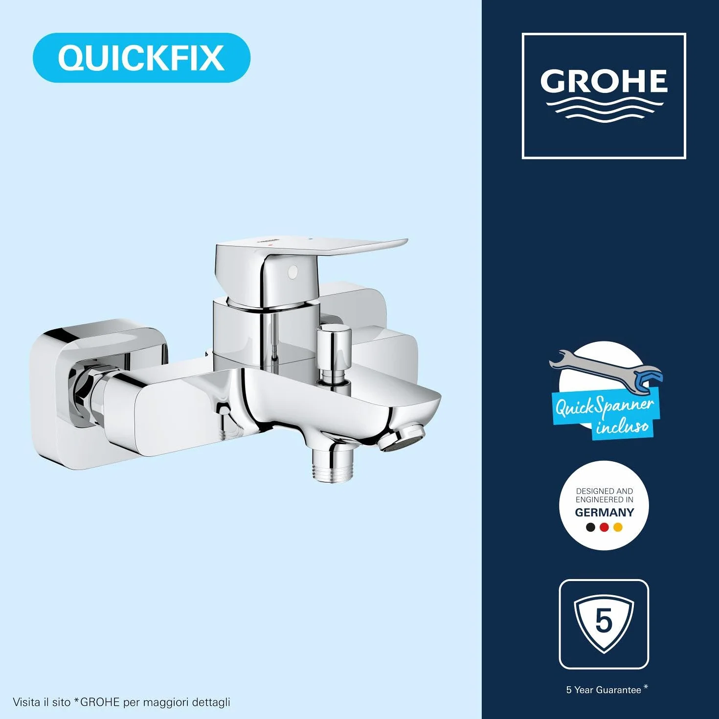 GROHE Dice Miscelatore vasca/doccia a vista con deviatore automatico parete leva metallo cartuccia ceramica 35 mm QuickSpanner Cromo