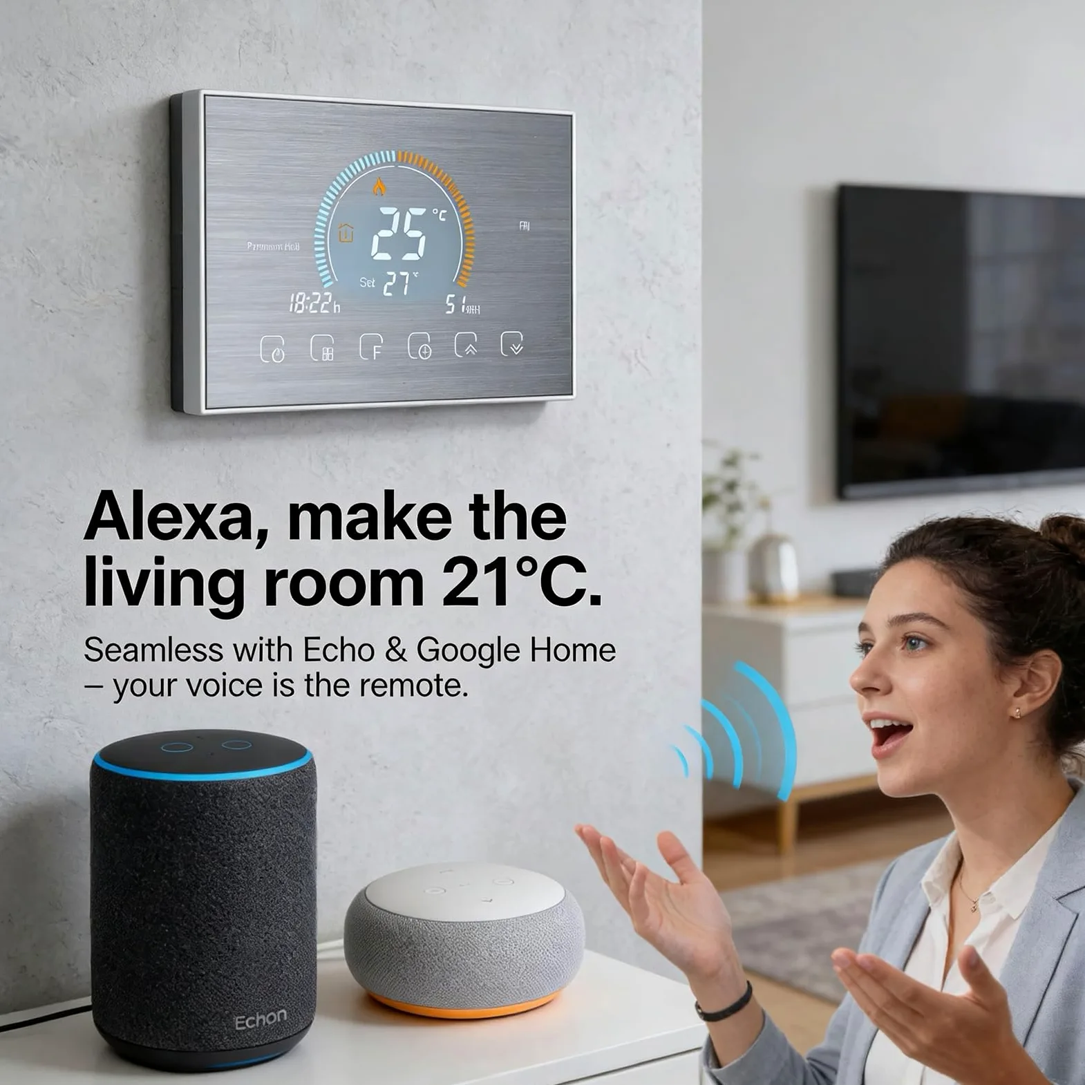 Termostato Acqua WiFi Programmabile, Display Meteo UV Umidità | Montaggio Parete 5A 95-245VAC, compatibile Alexa e Google Home, regolatore programmabile riscaldamento acqua
