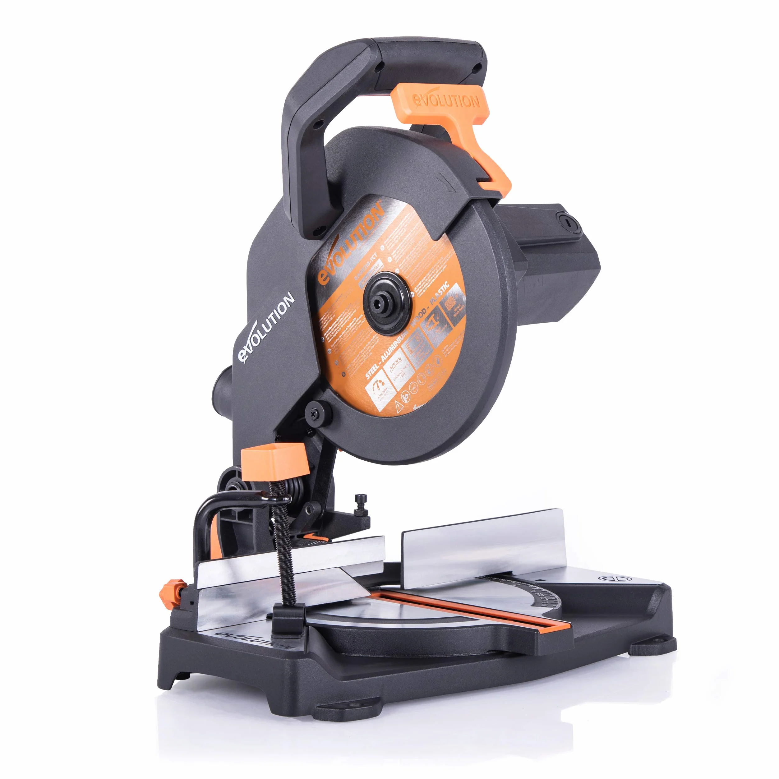 Evolution Power Tools R210Cms Troncatrice Radiale Multi-Materiale 210 Mm, 230 V, Multicolore, 42 x 29 x 32 cm, Regime minimo 3750 rpm, Angolo massimo di taglio: 45°