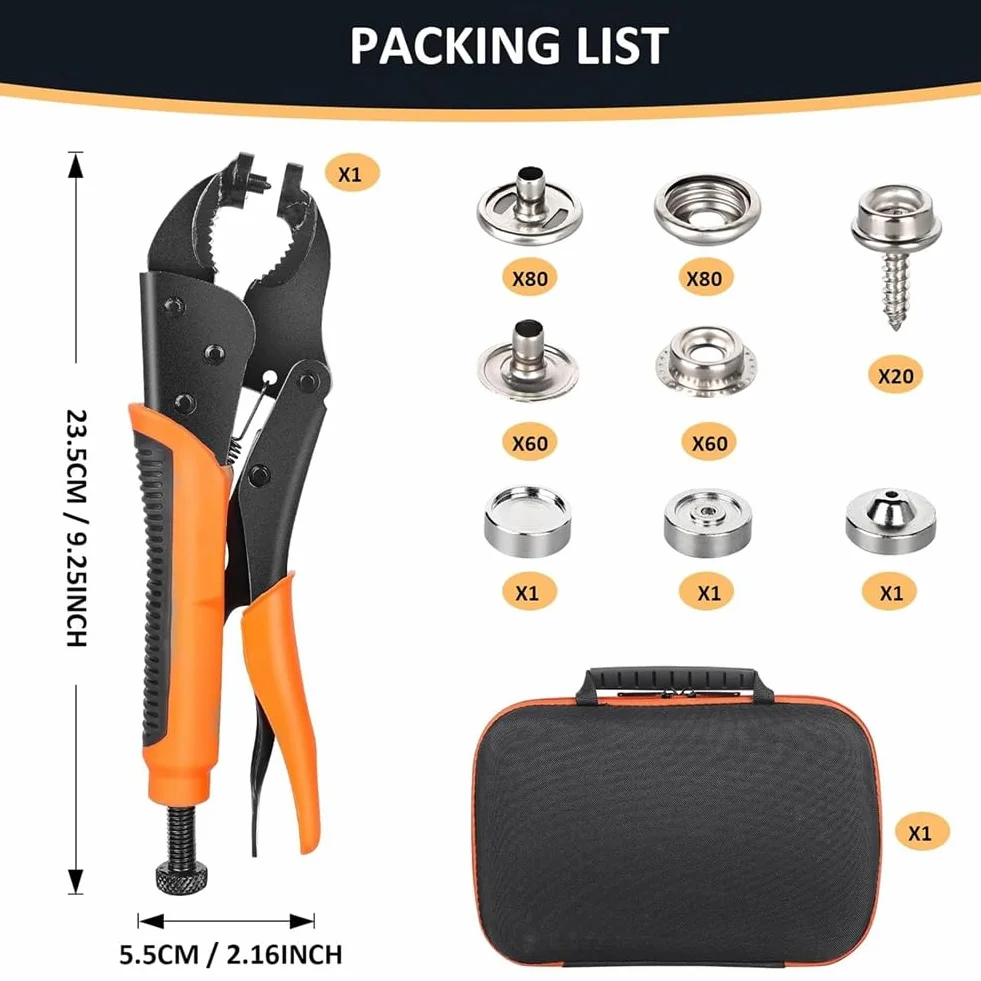 Pqahffowr Set di strumenti di fissaggio a pressione resistente, strumento di regolazione dei pulsanti di copertura in tela, strumento a pressione da 15 mm con 80 set di bottoni a pressione