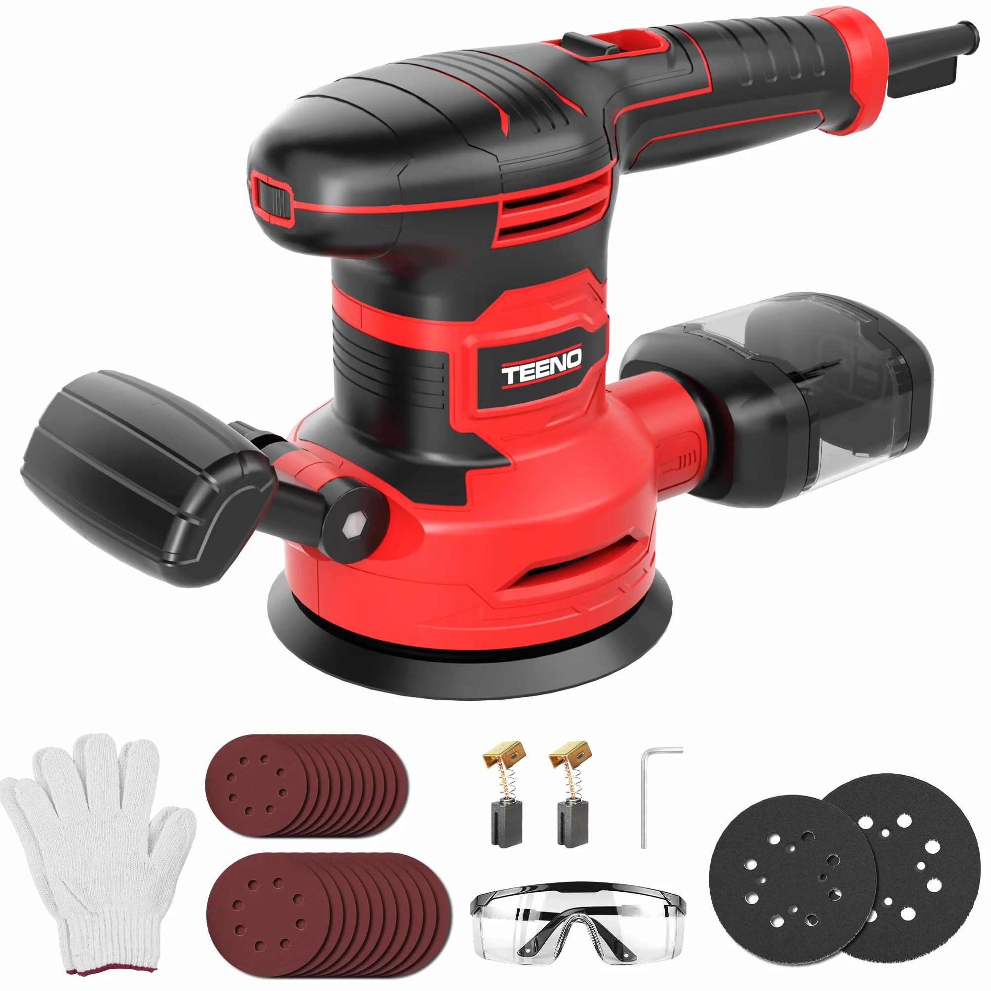TEENO Levigatrice Orbitale 450W con 6 Velocità, Ø125/150mm, 13000 RPM,20 Dischi Abrasivi, Contenitore Polvere, Cavo 2 m – Con Occhiali e Guanti – Per Legno, Metallo, Plastica