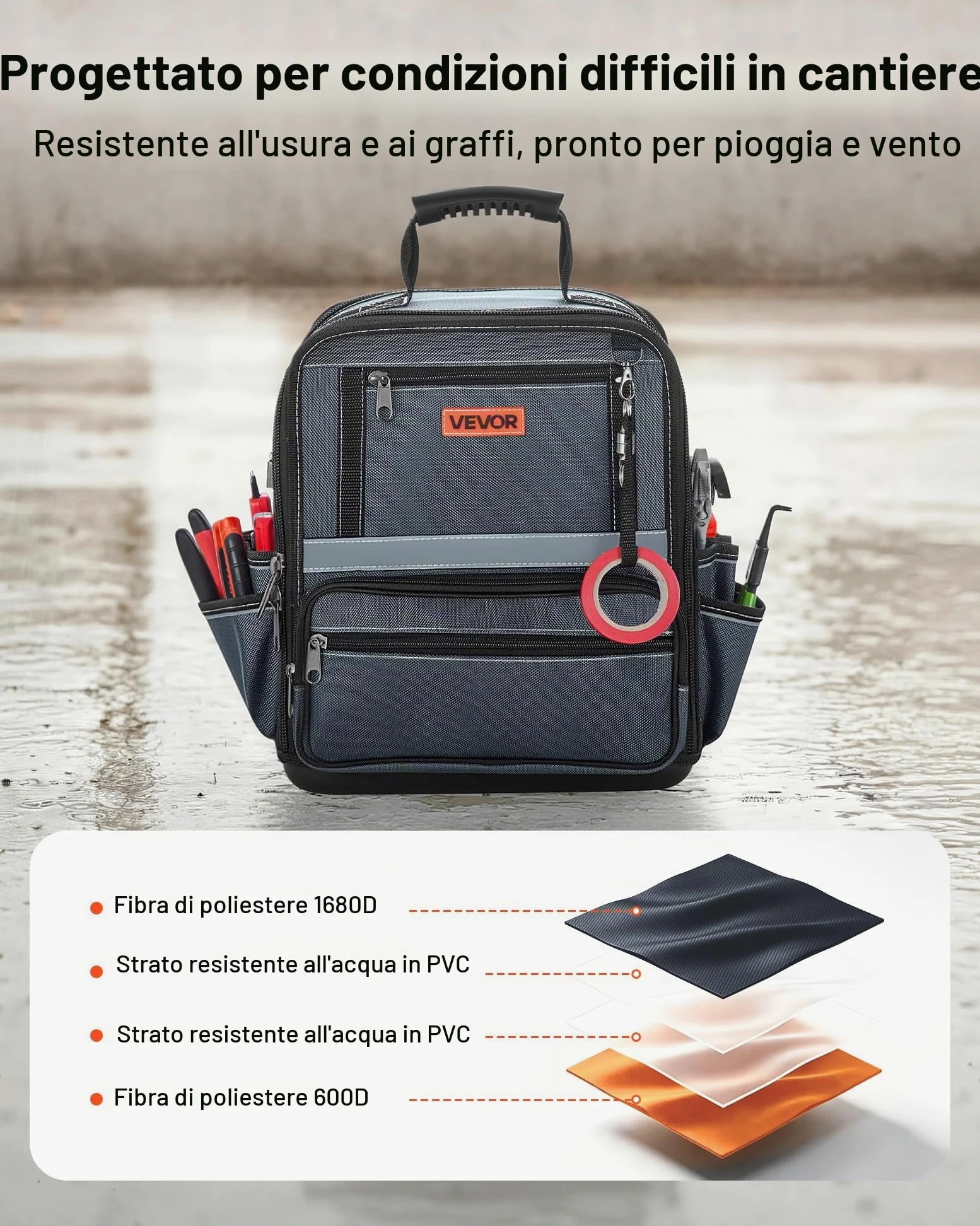 VEVOR Borsa Portautensili 335mm, 34 Tasche, Organizer Portatile per Attrezzi con Base Rigida in Plastica, Ampia Apertura a Cerniera, Tracolla Regolabile, Resistente all'Acqua, per Fai da Te e Cantiere