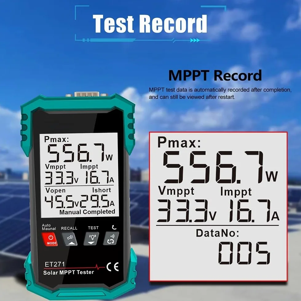 ET271 Misuratore di energia solare con tester fotovoltaico 2000W per moduli fotovoltaici, display da 3,2", protezione da sovratensione, registrazione dati, blu
